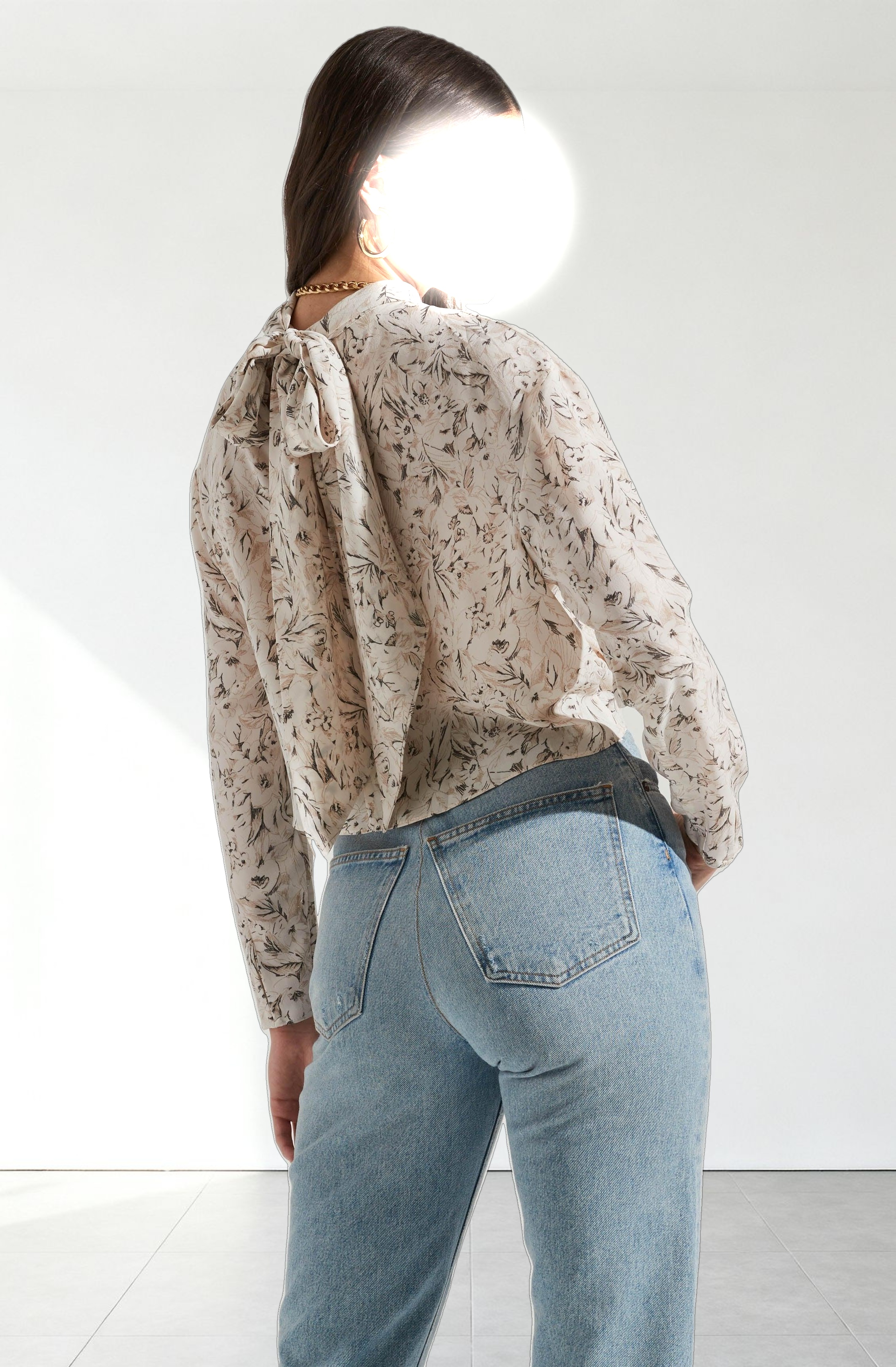 Long Sleeve Drape Tie Back Neck Back Top