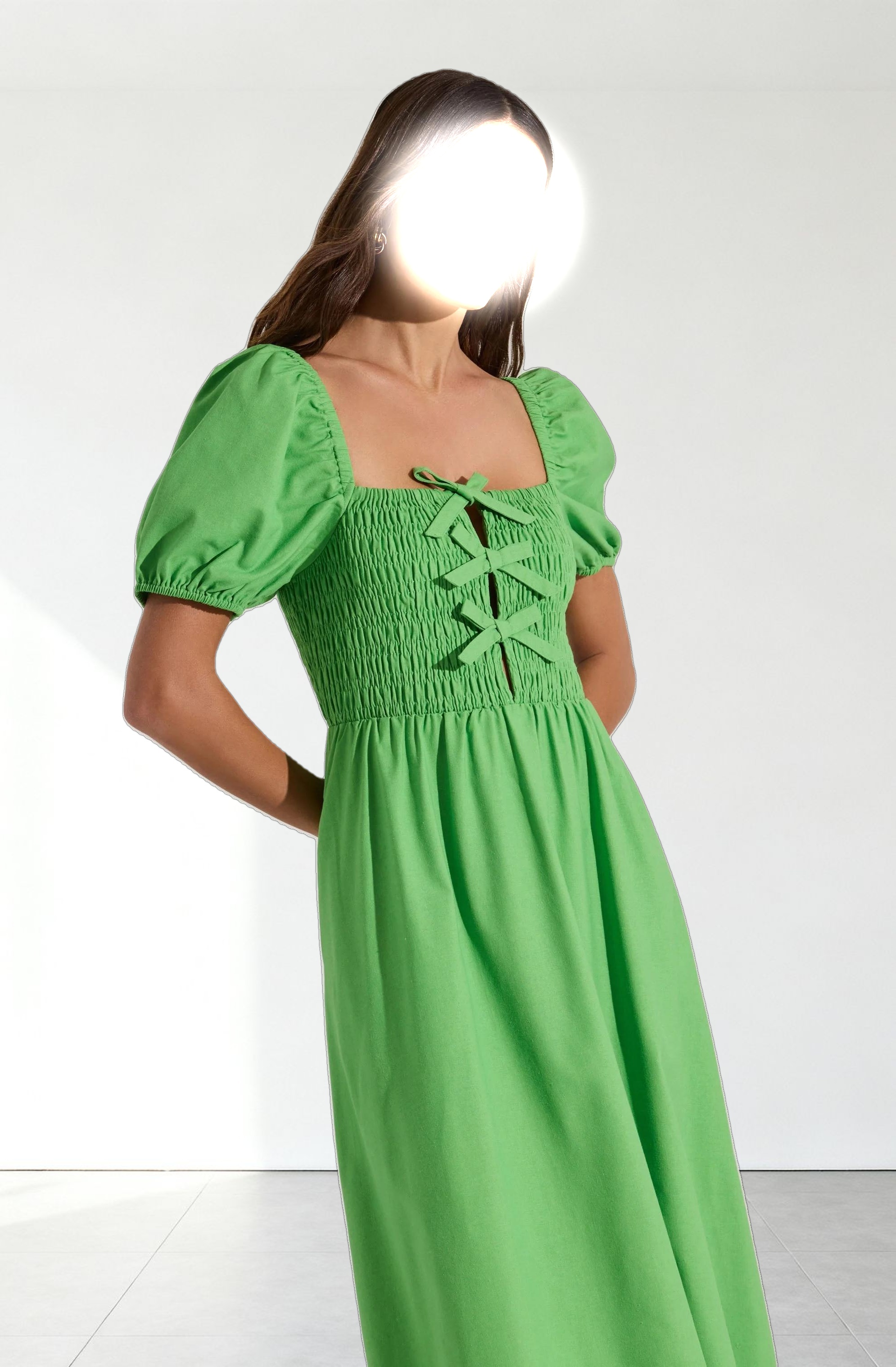 Smocked Bow Midi Dress