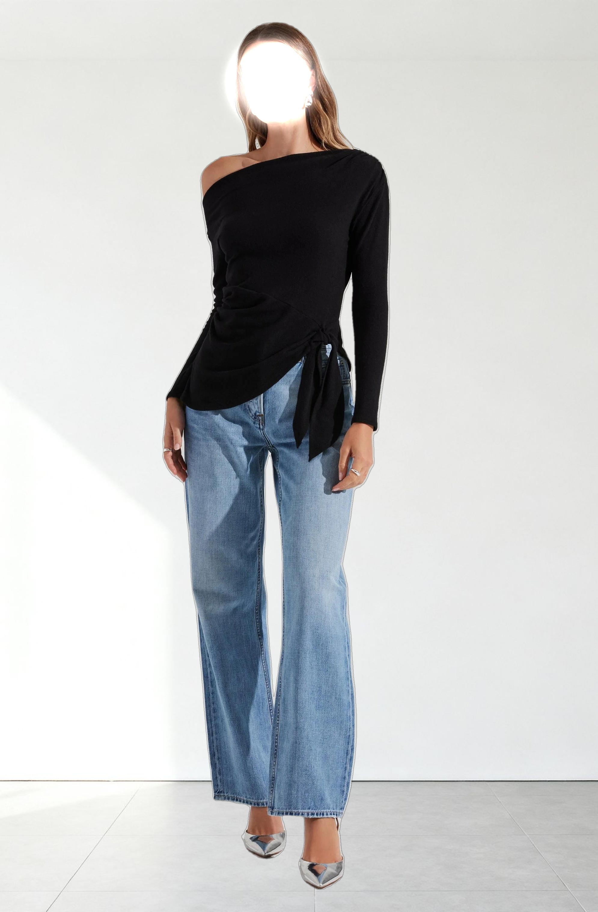 Asymmetrical Off Shoulder Tie Knit Top