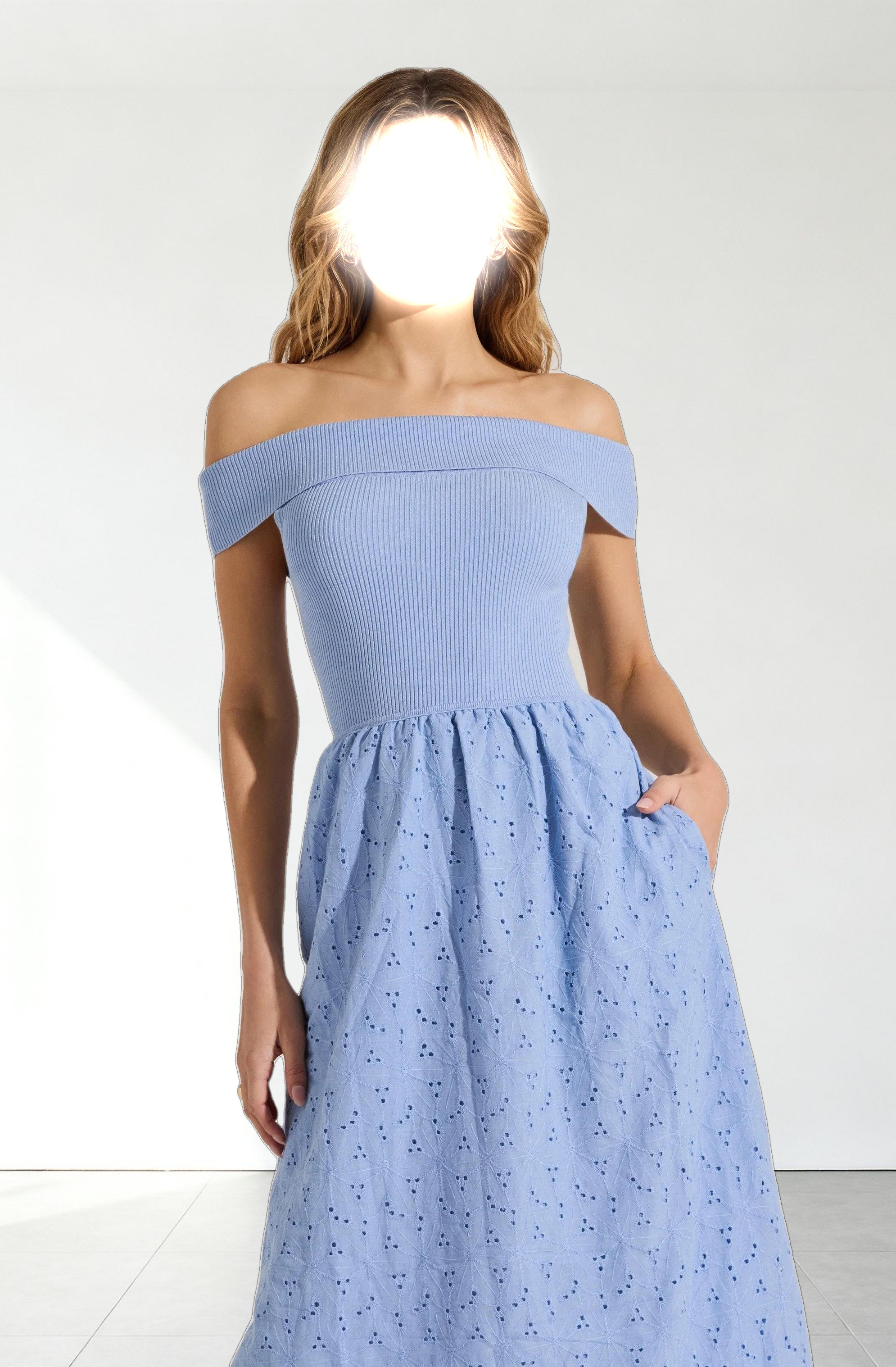 Off Shoulder Eyelet Midi Dress