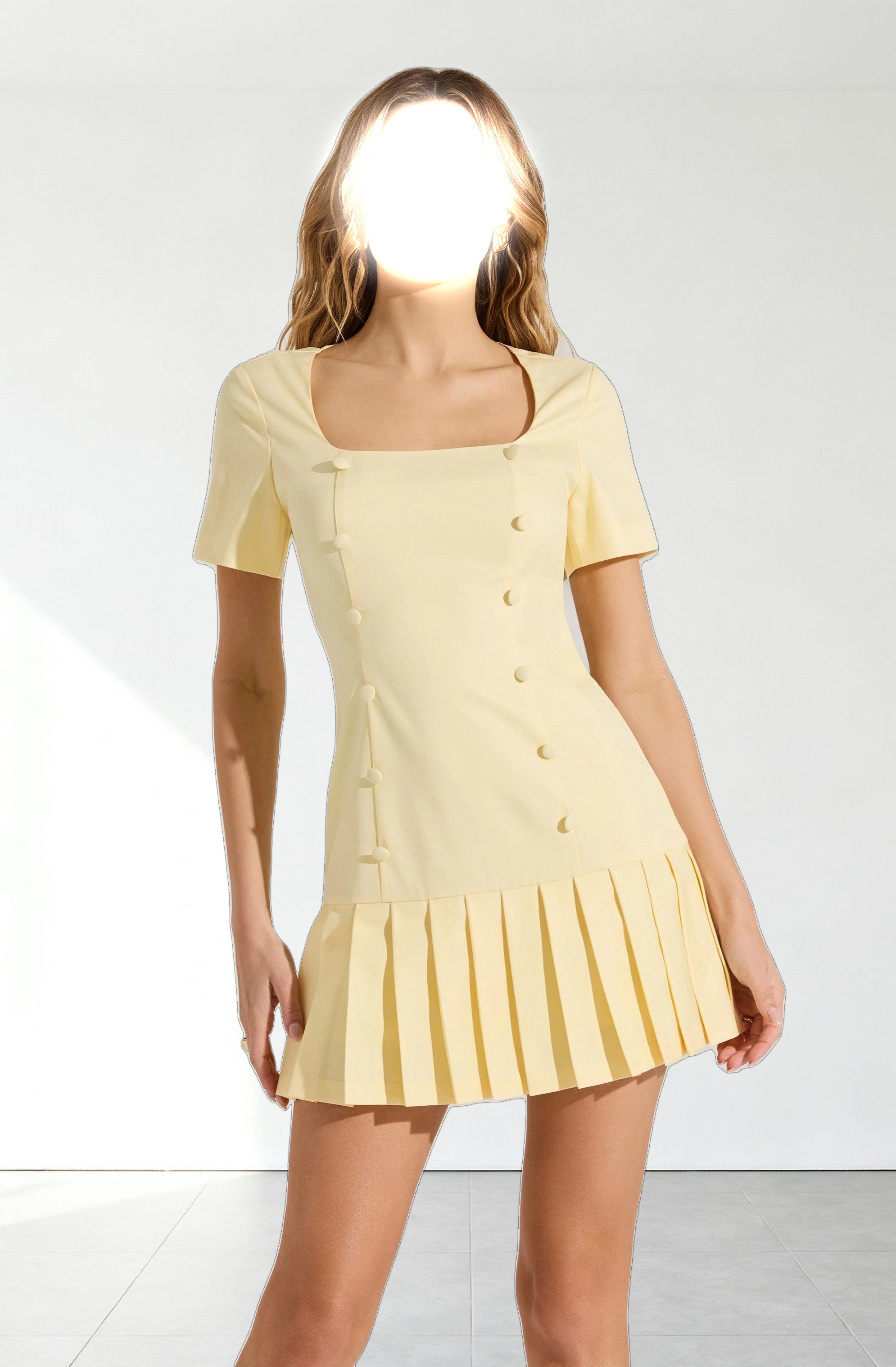 Pleated Button Mini Dress