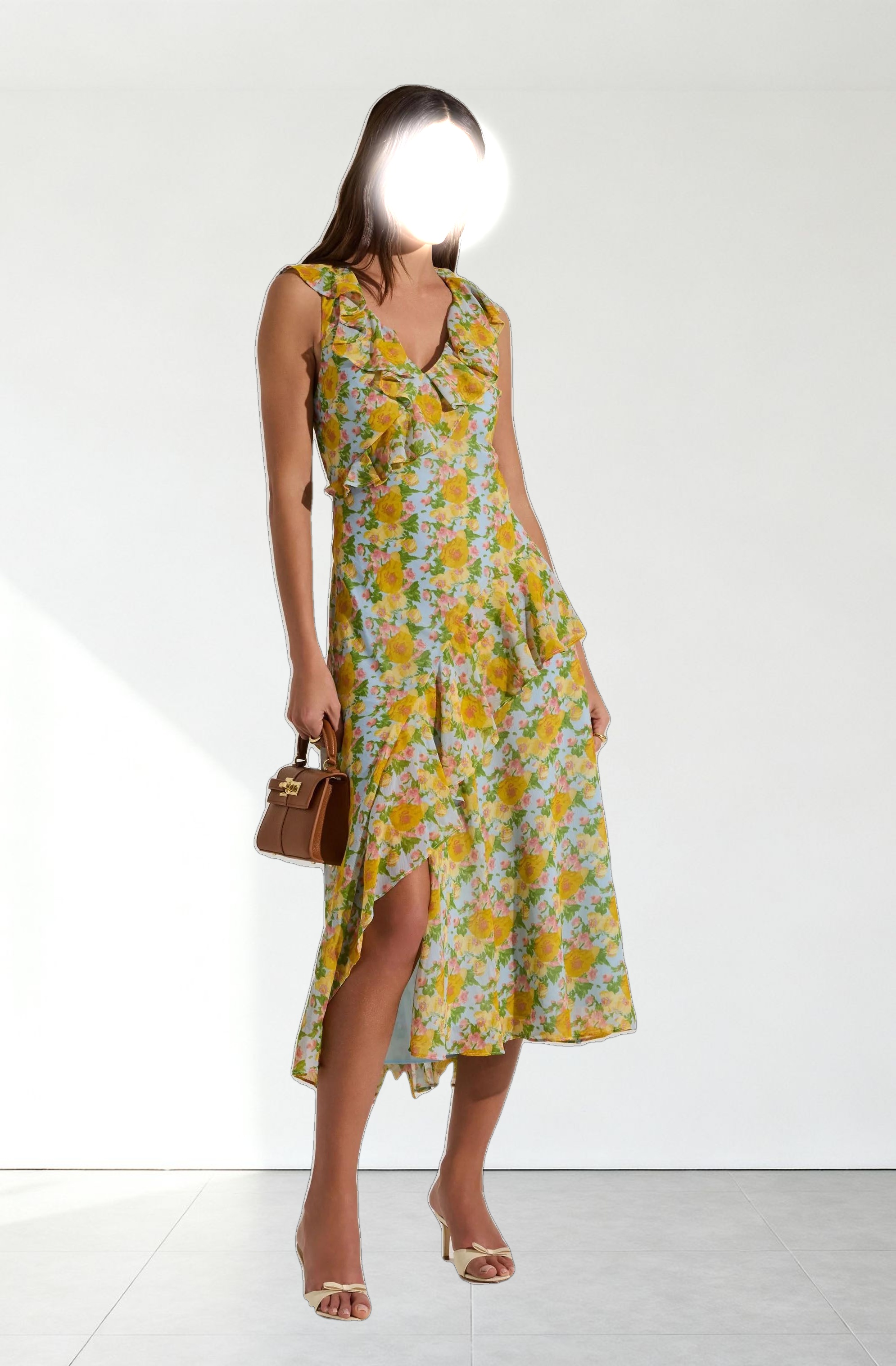 V-neck Floral Ruffle Midi Dress