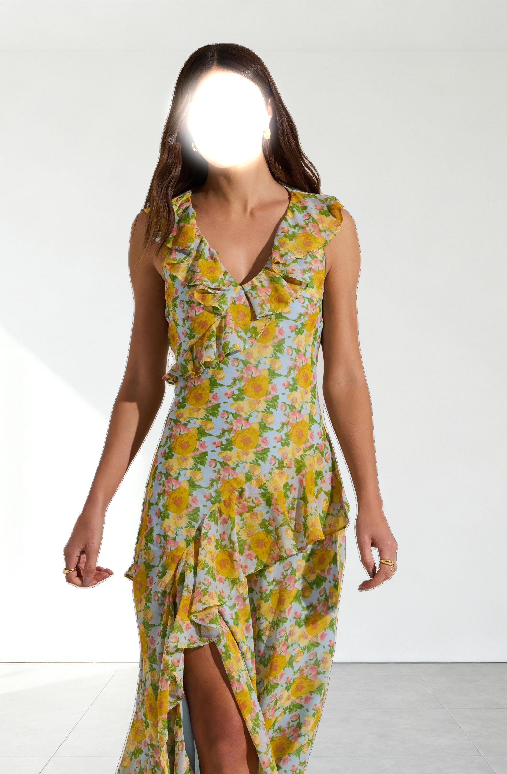 V-neck Floral Ruffle Midi Dress