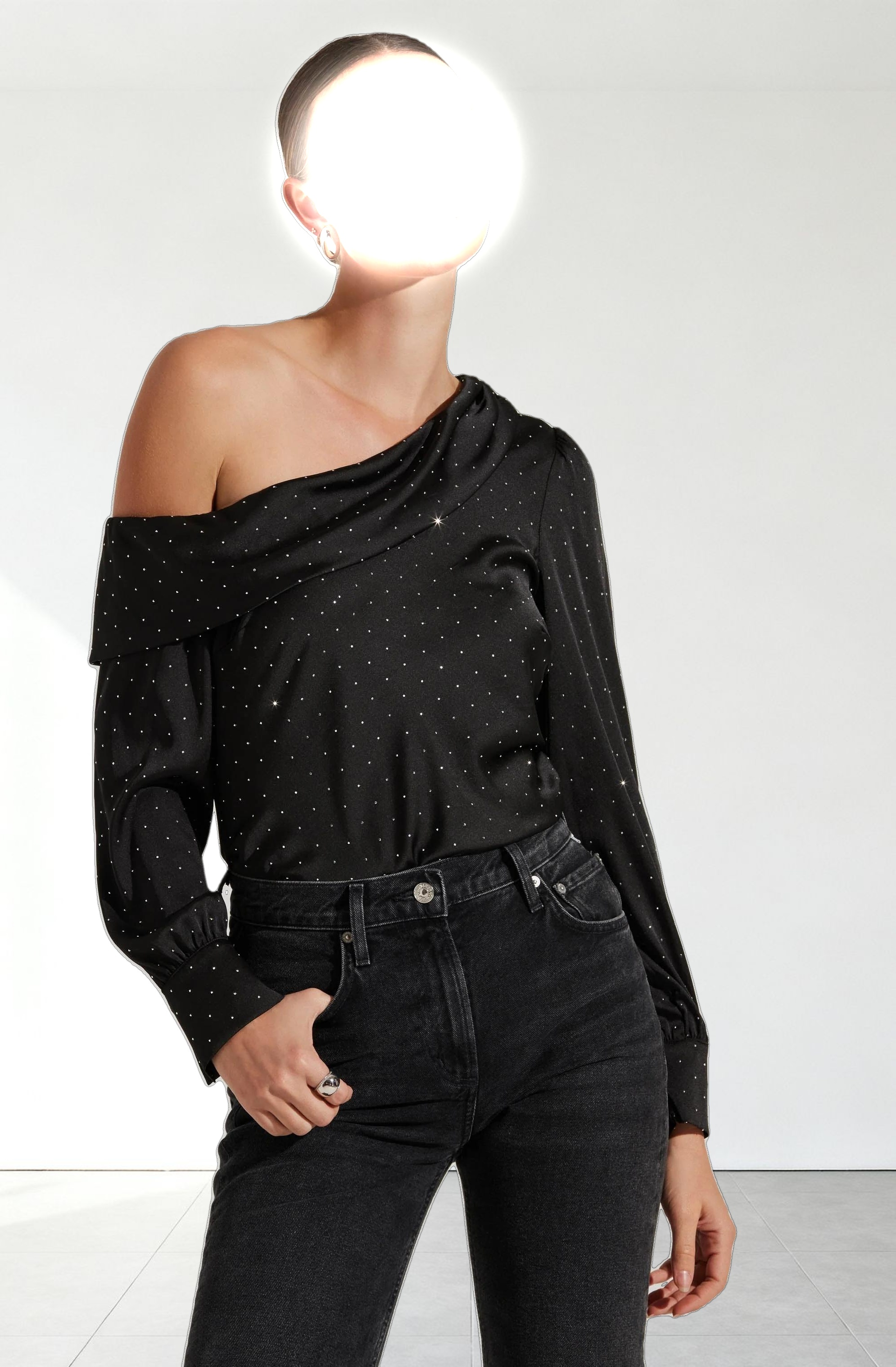 Ellen Satin Rhinestone One Shoulder Top