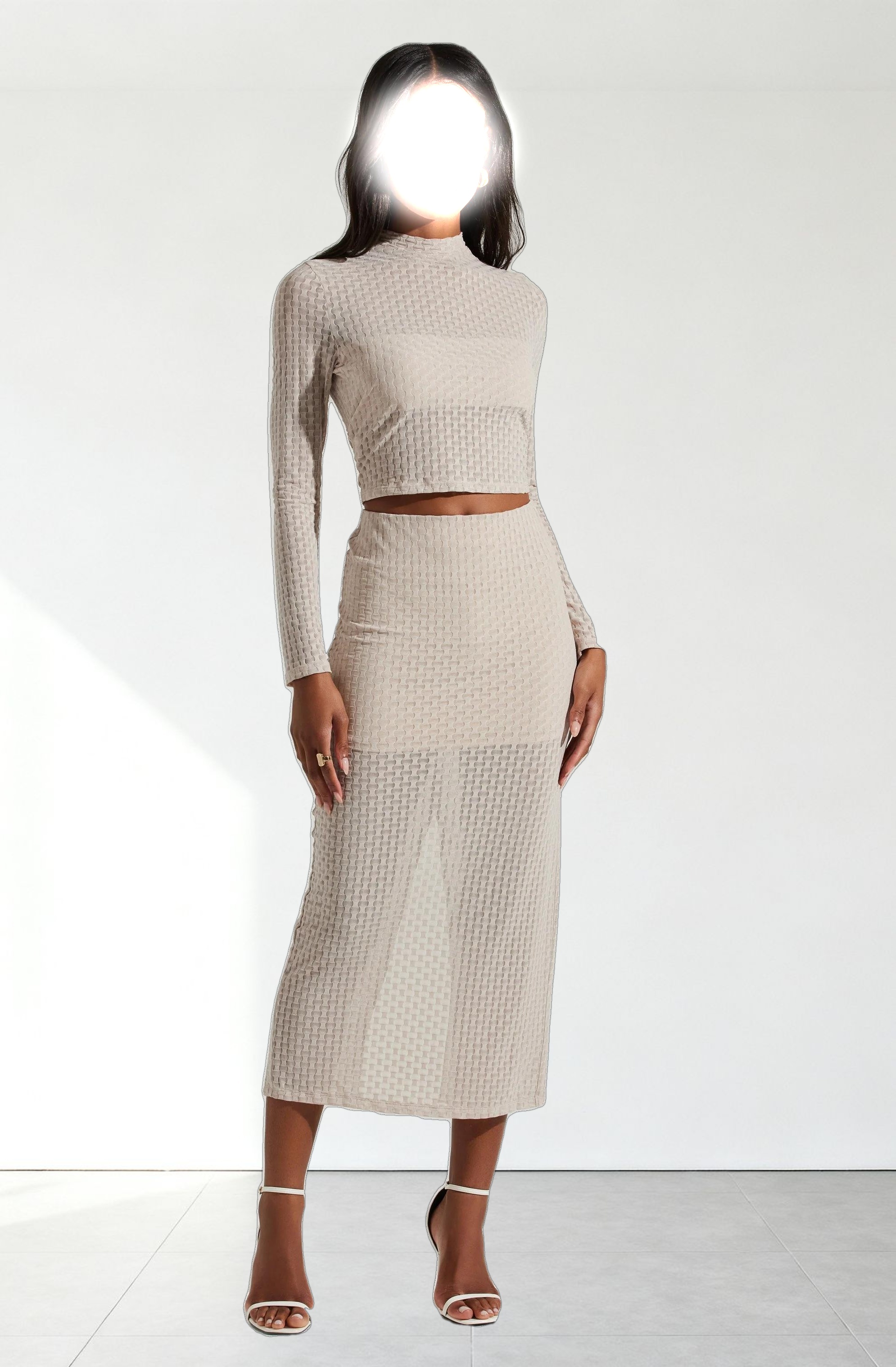 Indah Semi Sheer Mock Neck Long Sleeve Top