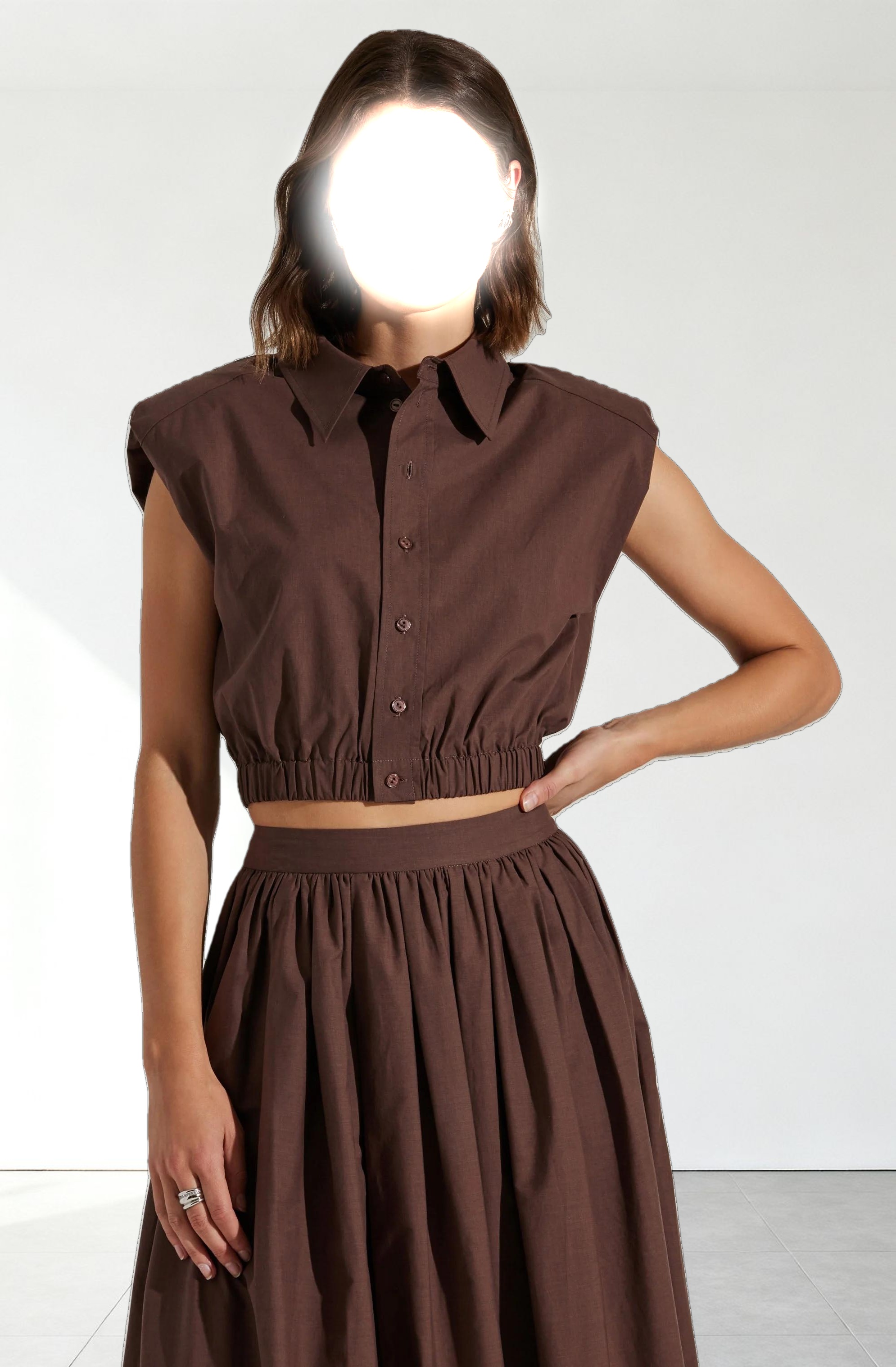 Bysen Padded Shoulder Button-Up Top