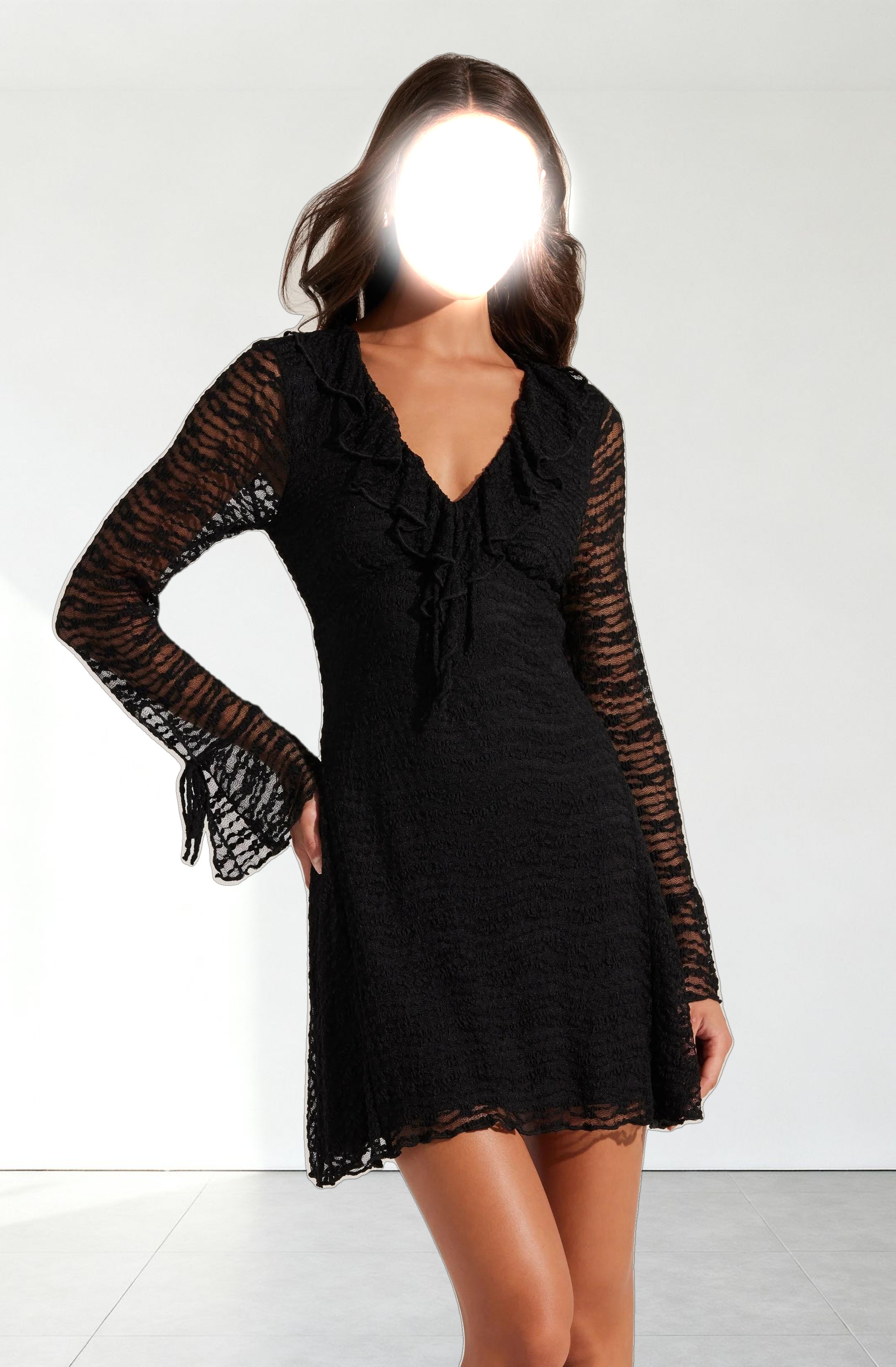 Ruffle V-Neck Lace Mini Dress