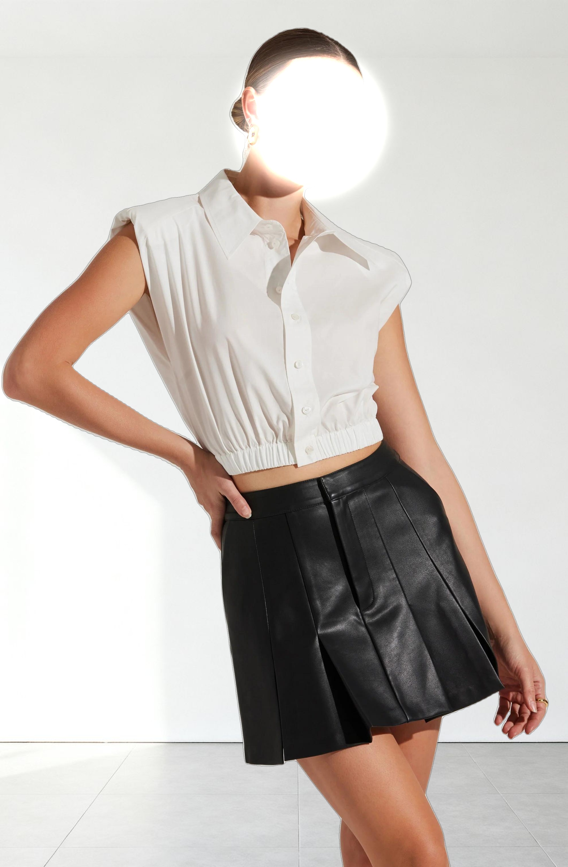 Bysen Padded Shoulder Button-Up Top