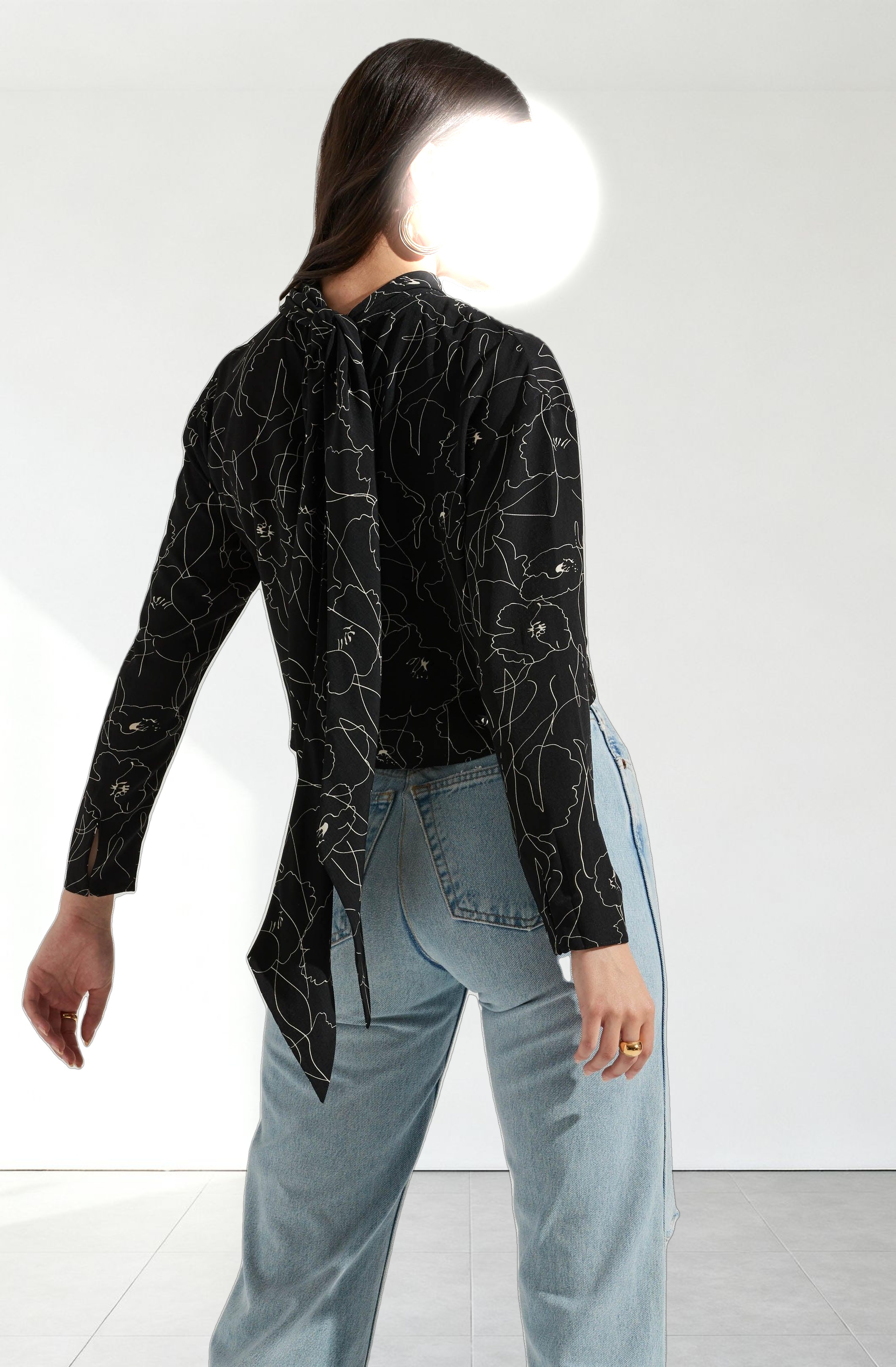 Long Sleeve Drape Tie Back Neck Back Top