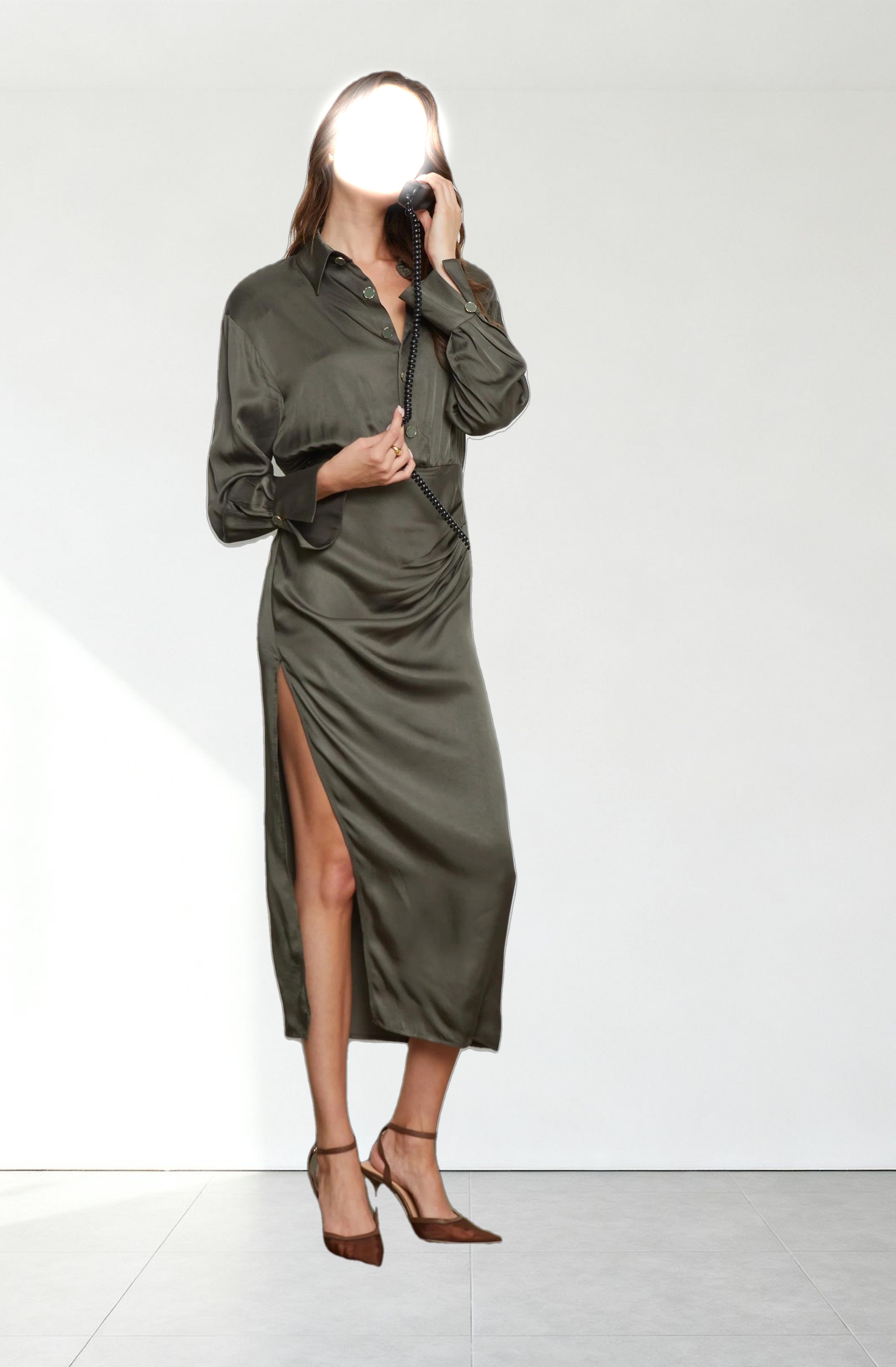 Elizabello Satin Midi Shirt Dress