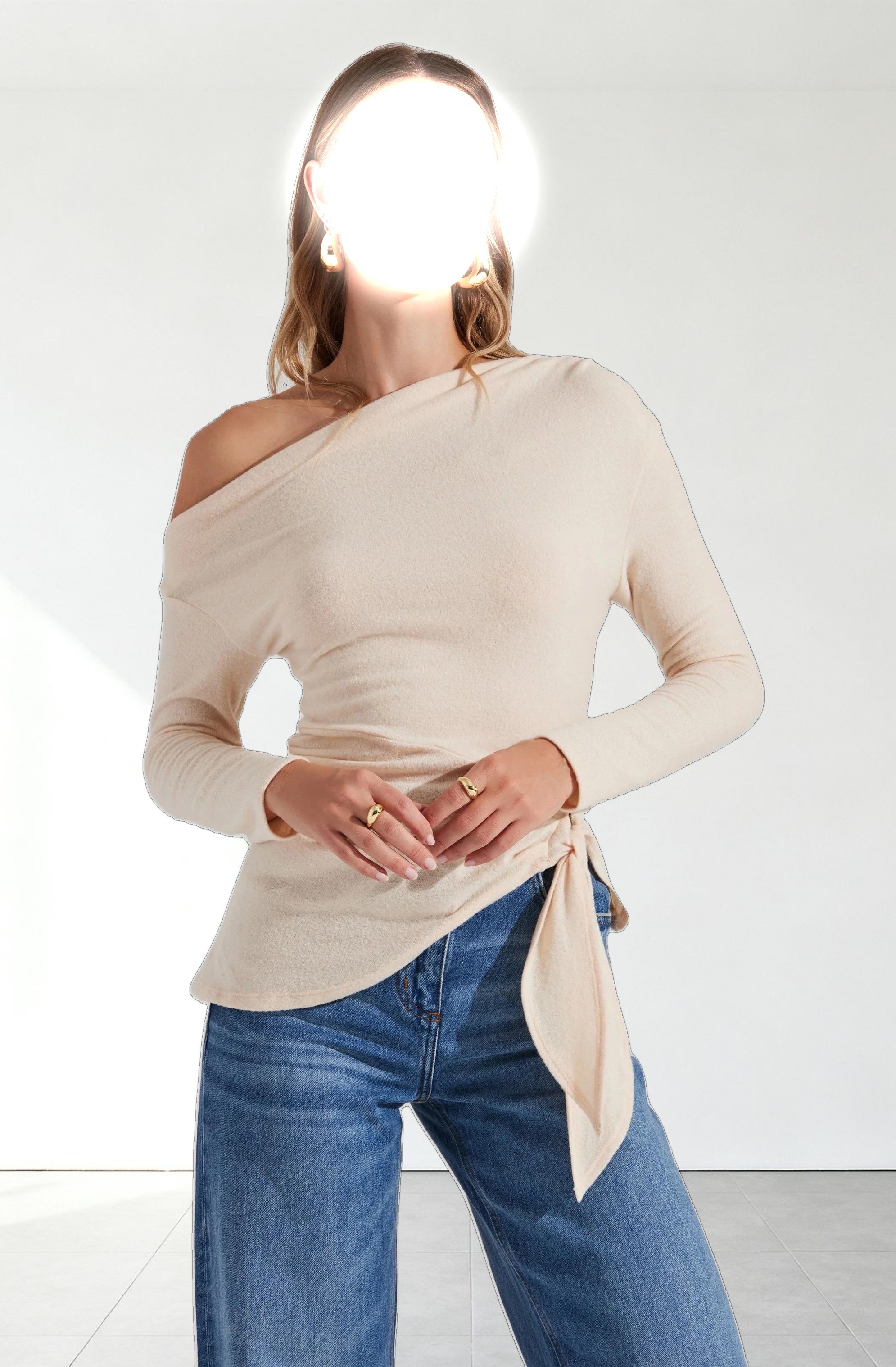 Asymmetrical Off Shoulder Tie Knit Top