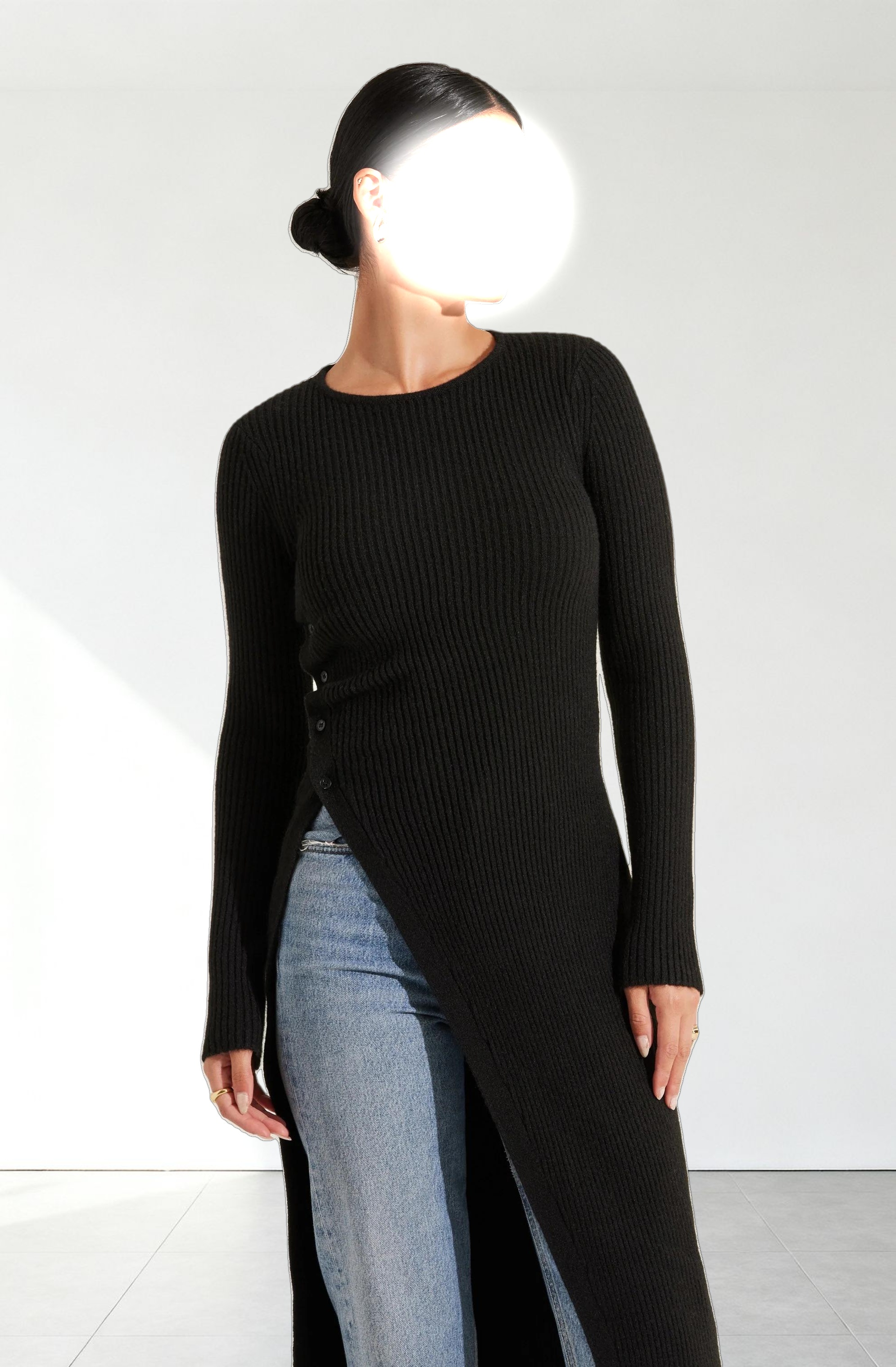 Ribbed Hi Slit Button Sweater