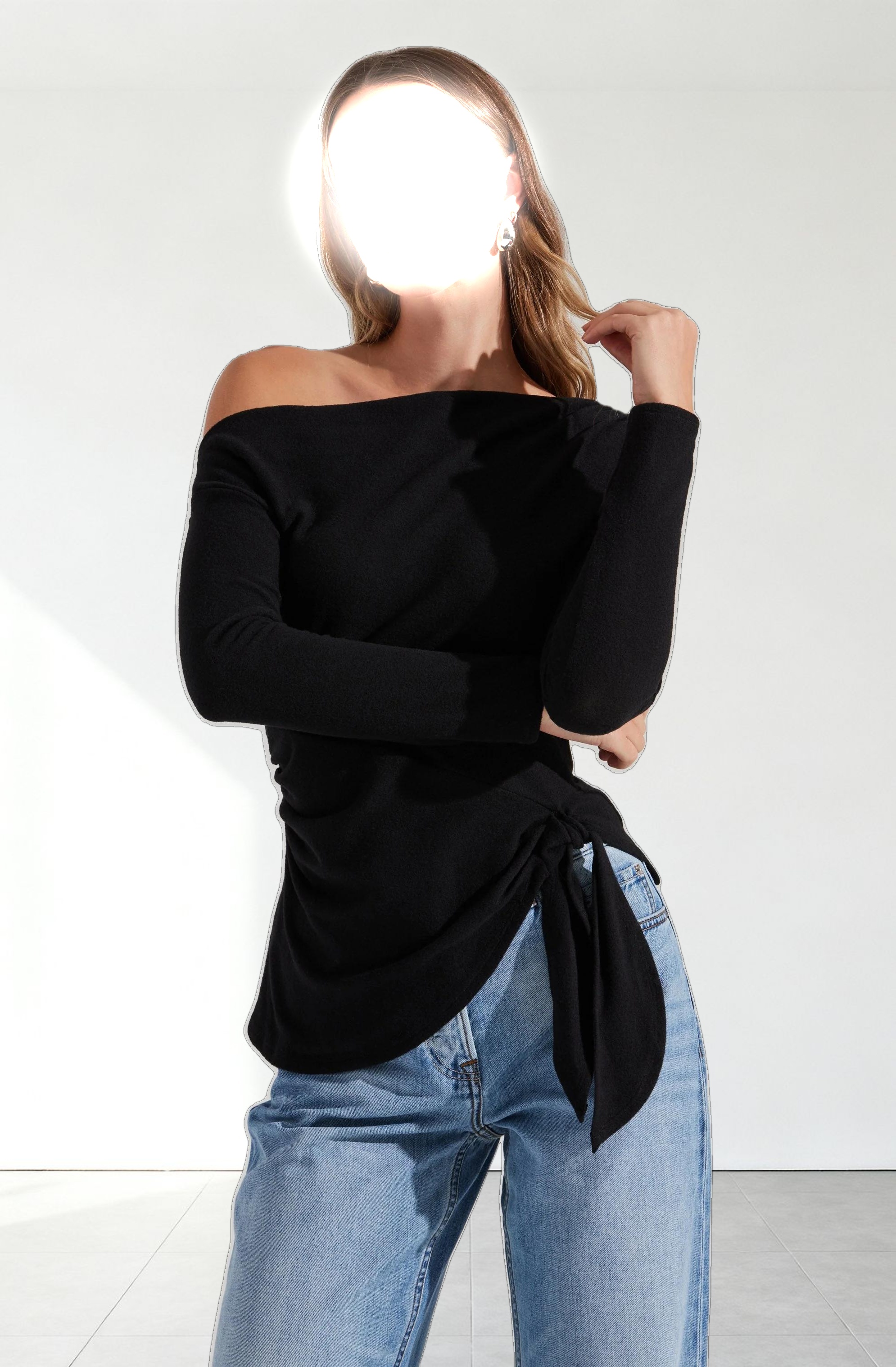 Asymmetrical Off Shoulder Tie Knit Top