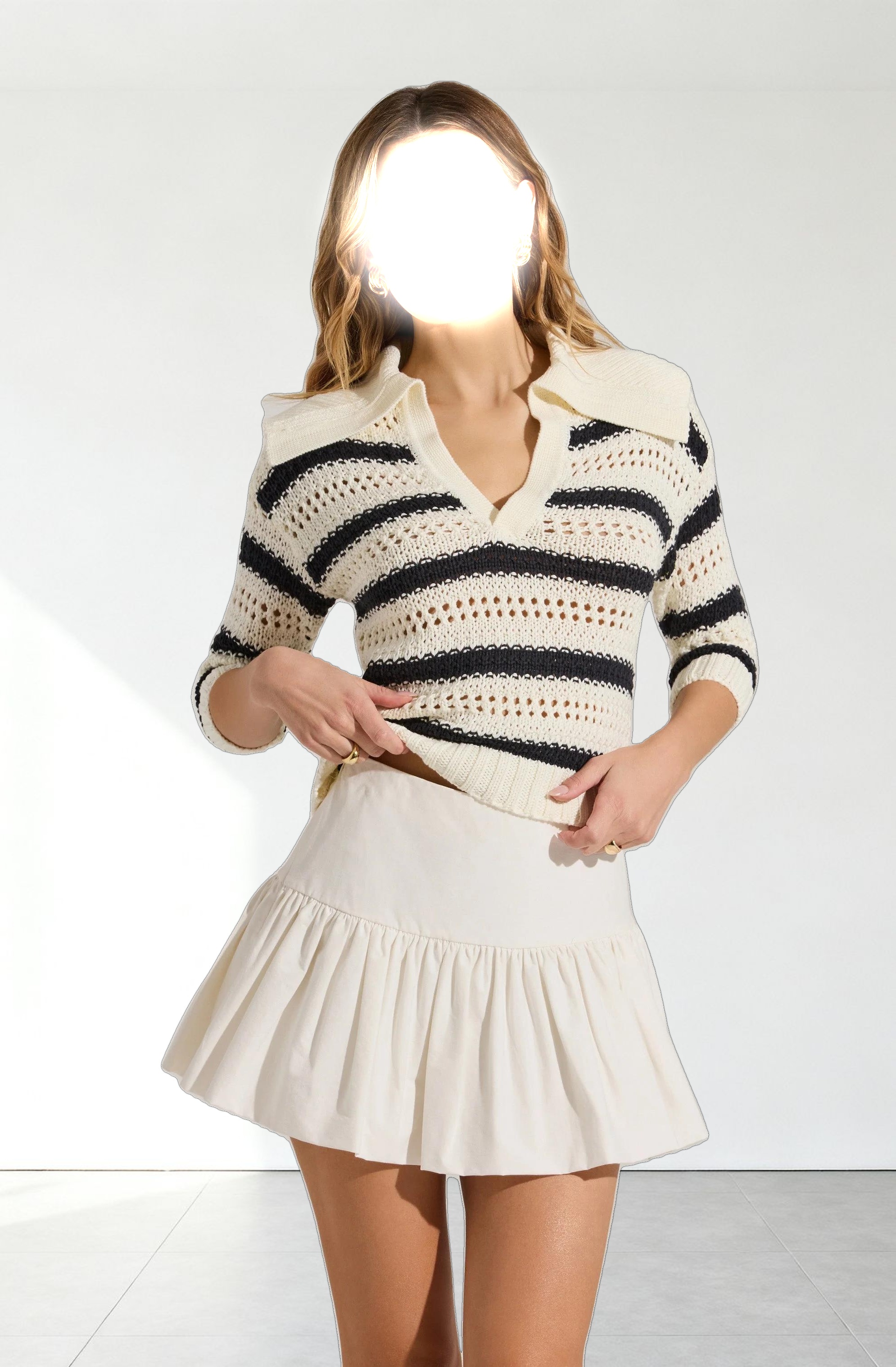 Striped Open Knit Polo Sweater