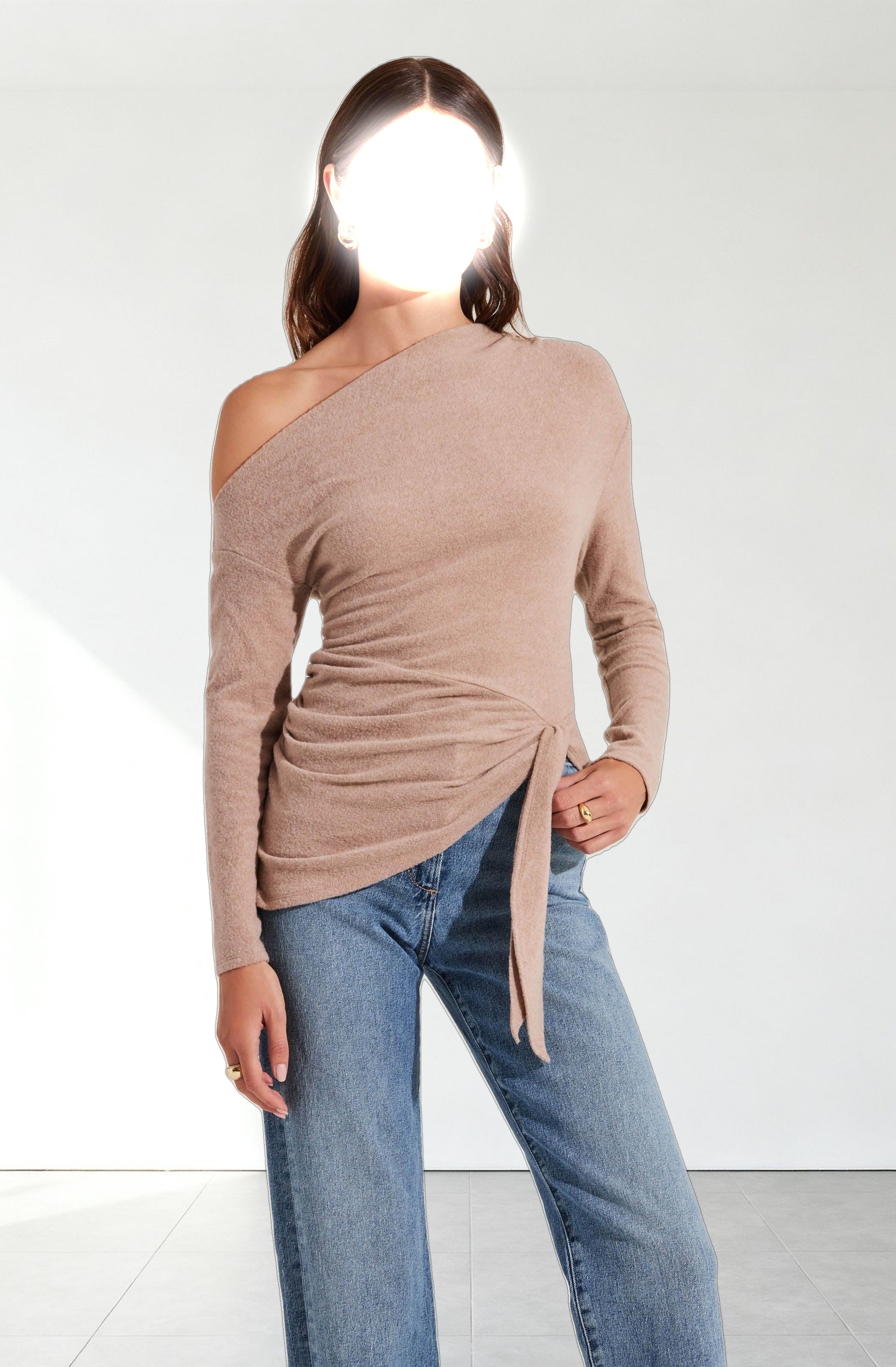 Asymmetrical Off Shoulder Tie Knit Top