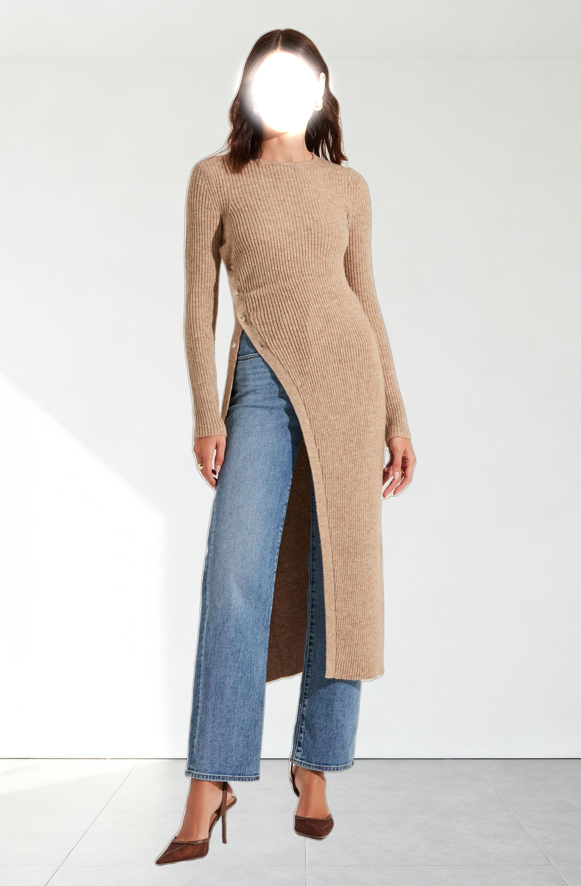 Ribbed Hi Slit Button Sweater