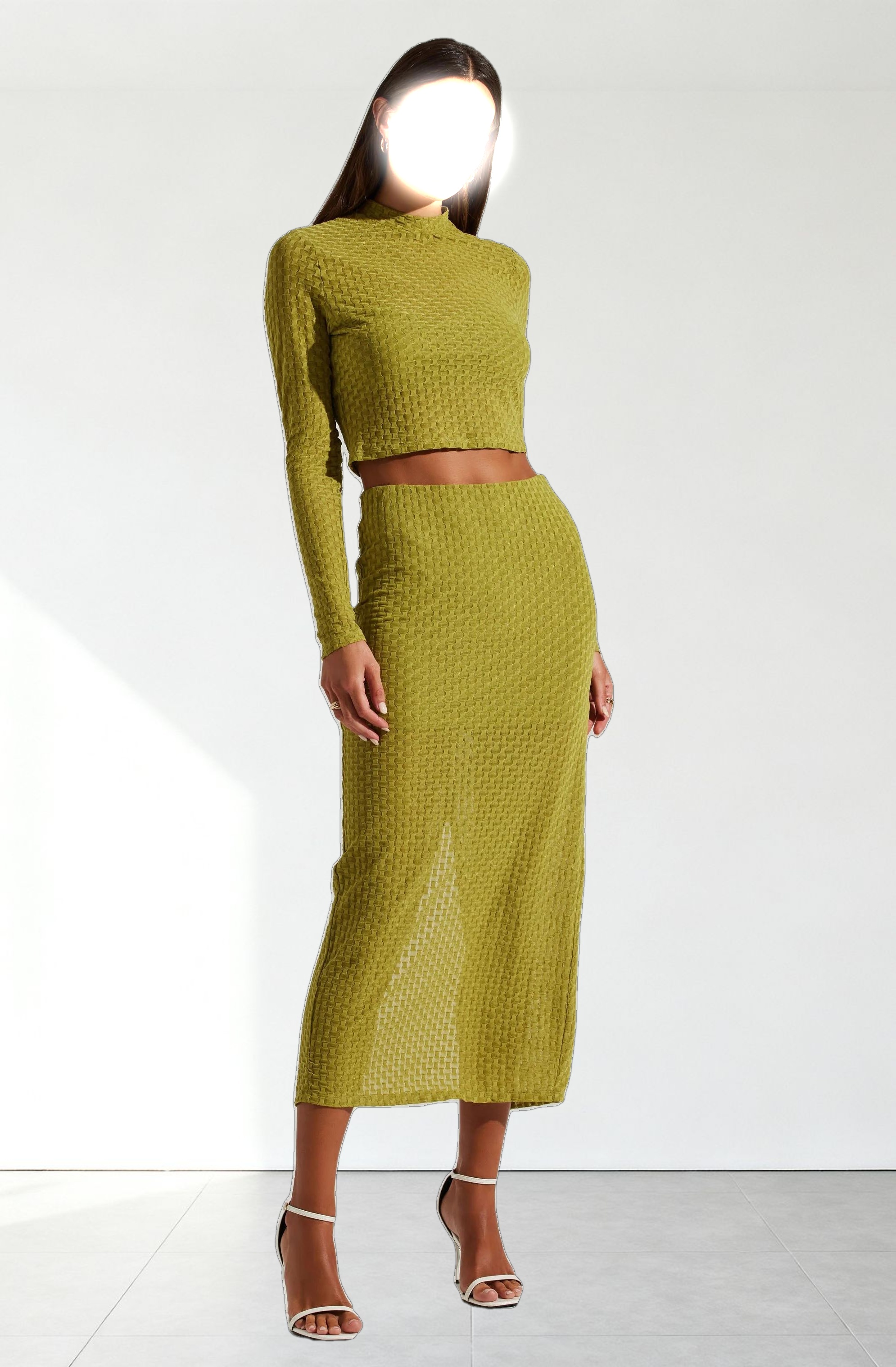 Indah Semi Sheer Mock Neck Long Sleeve Top