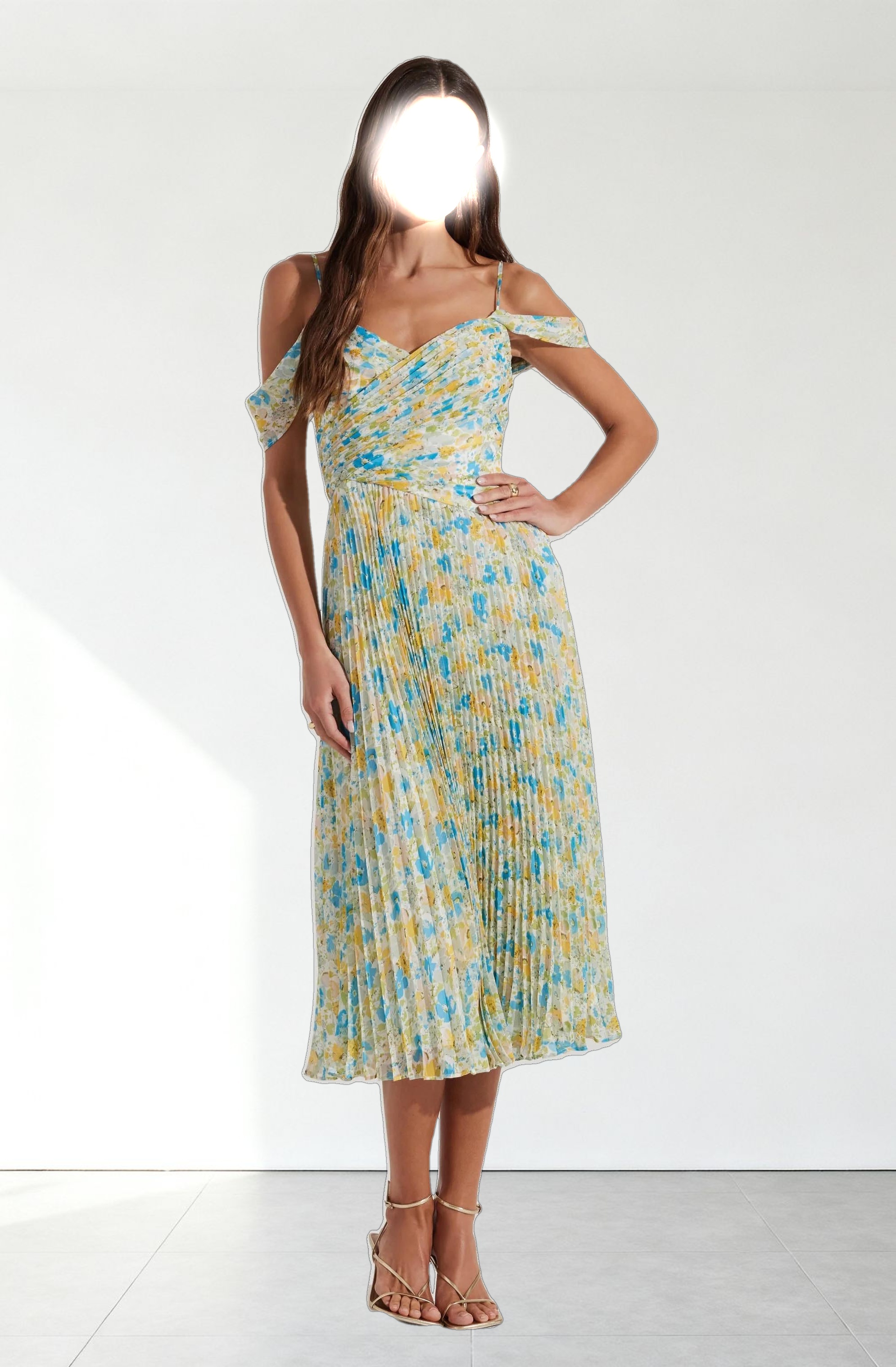 Pleated Cold Shoulder Midi Dress