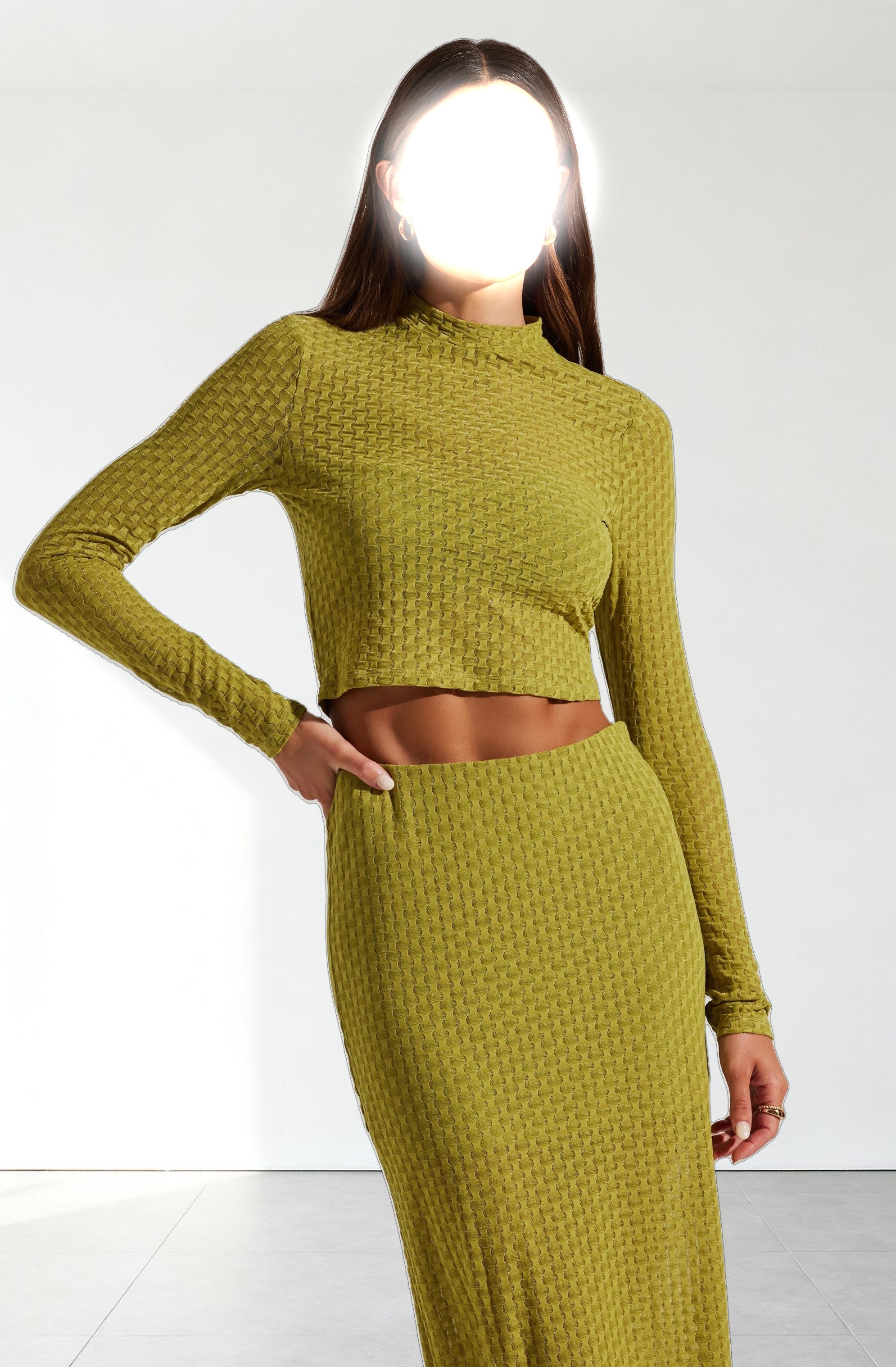 Indah Semi Sheer Mock Neck Long Sleeve Top