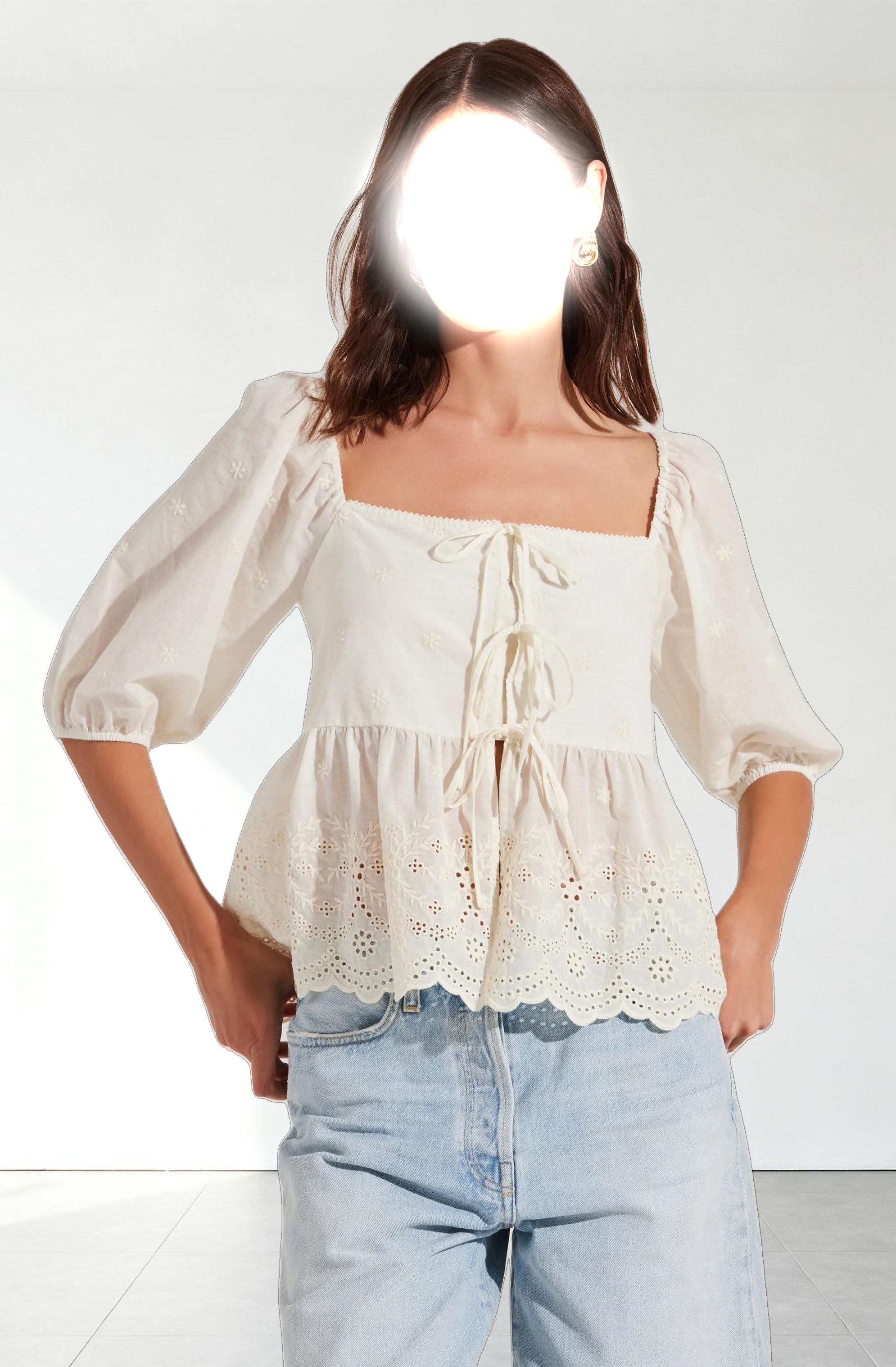 Ezmae Embroidered Tie-Front Top