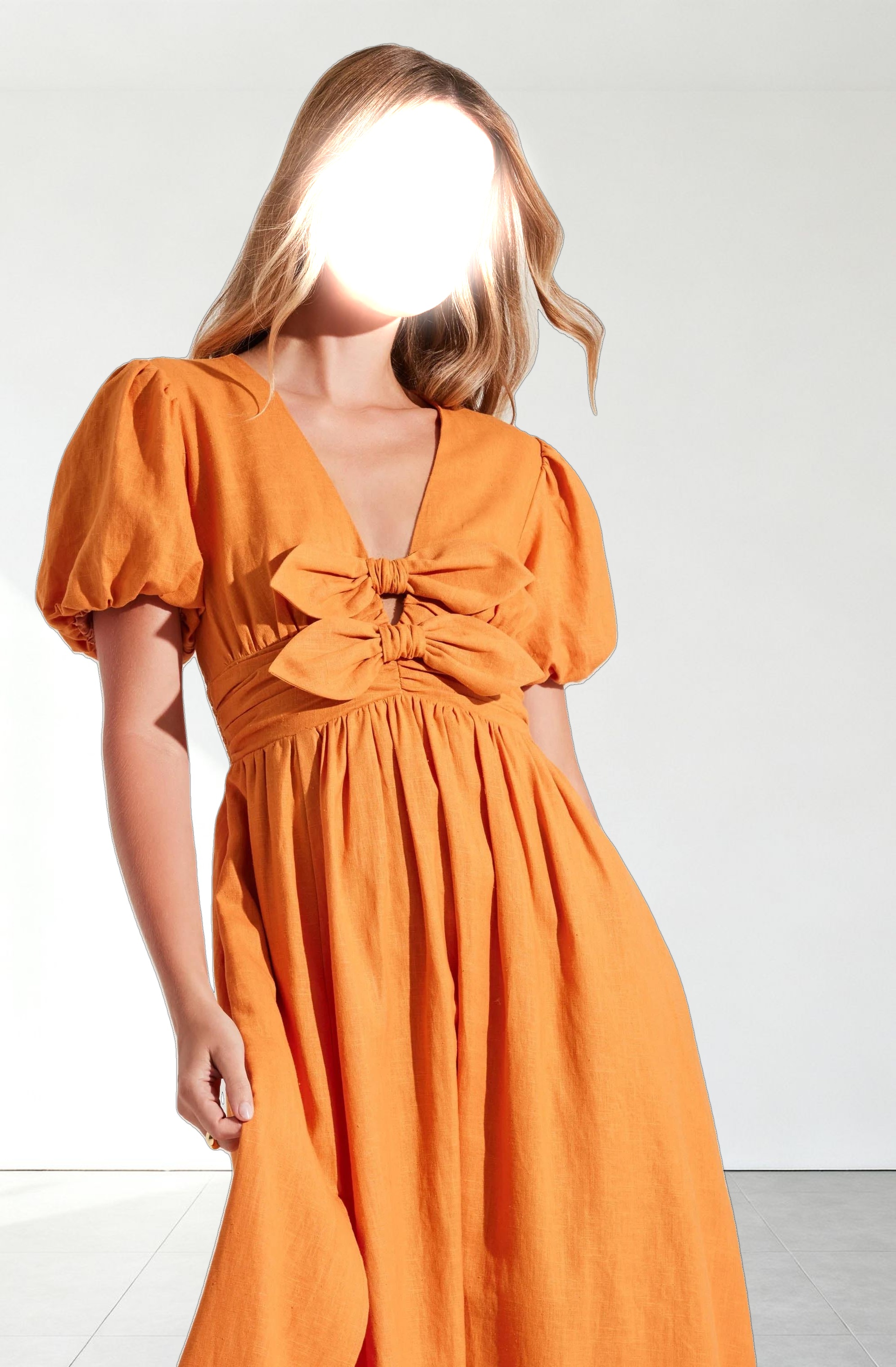 Citrine Linen Bow Front Midi Dress