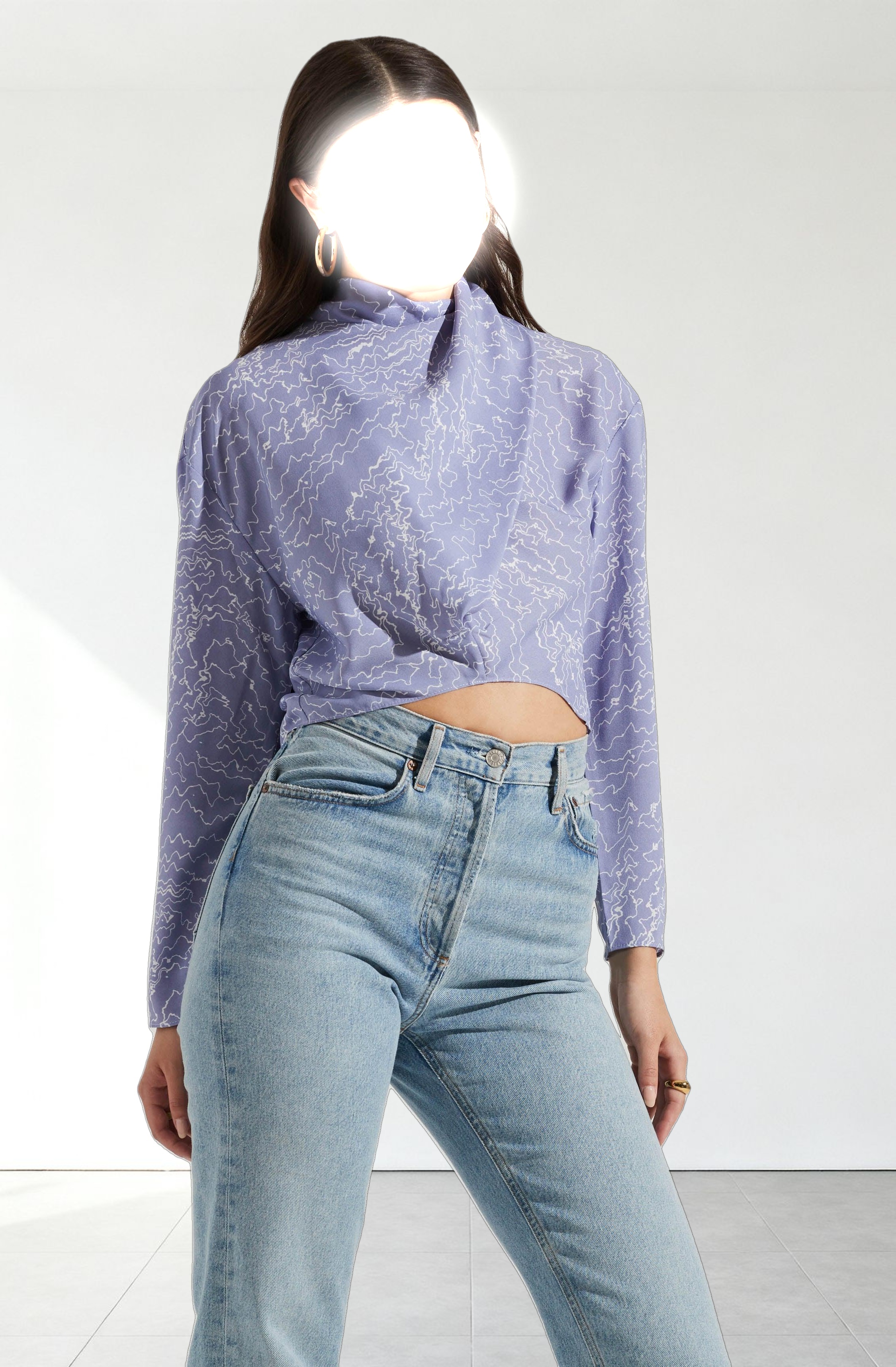 Long Sleeve Drape Tie Back Neck Back Top