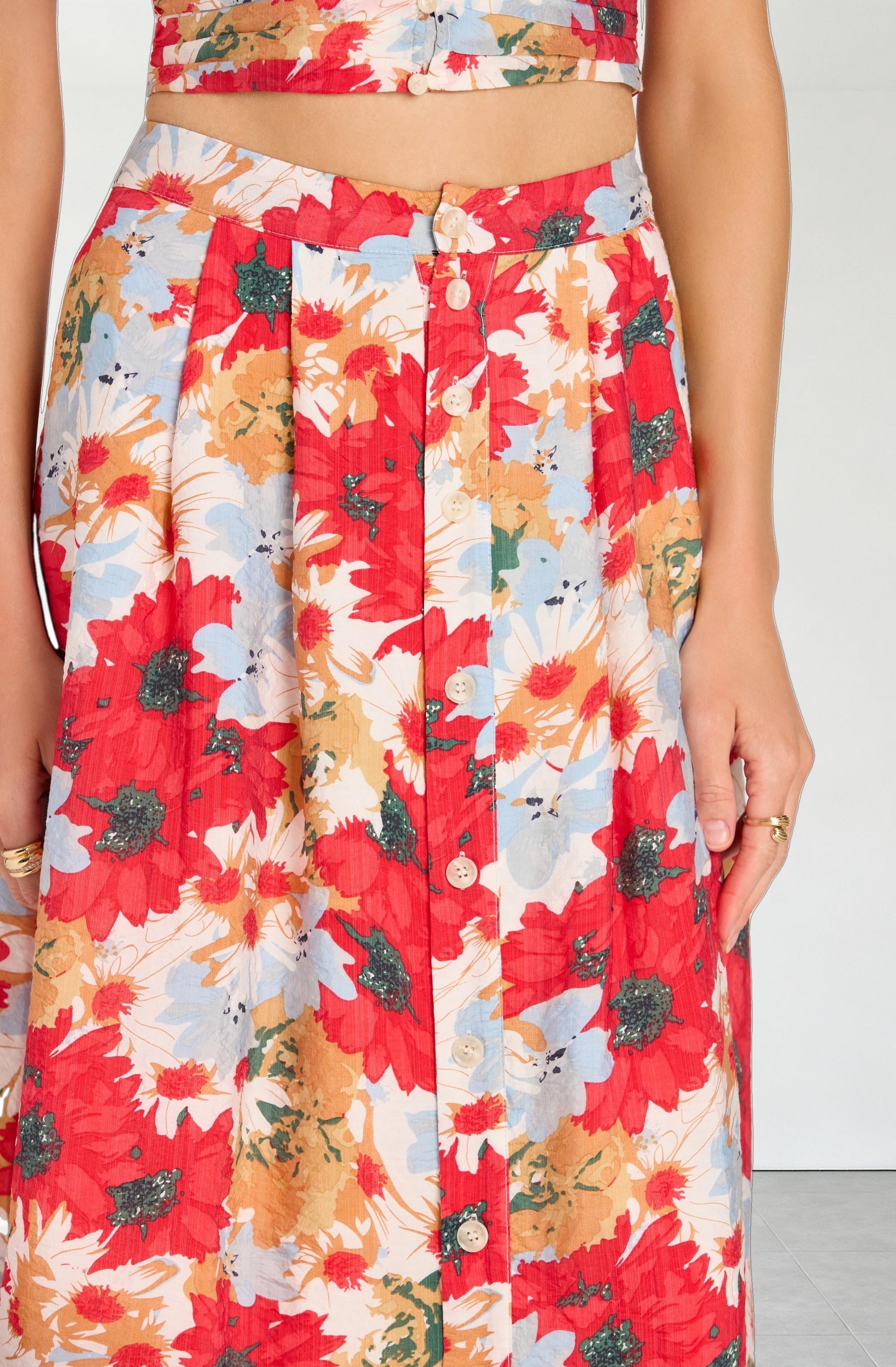 Button Front Pleated Midi Skirt