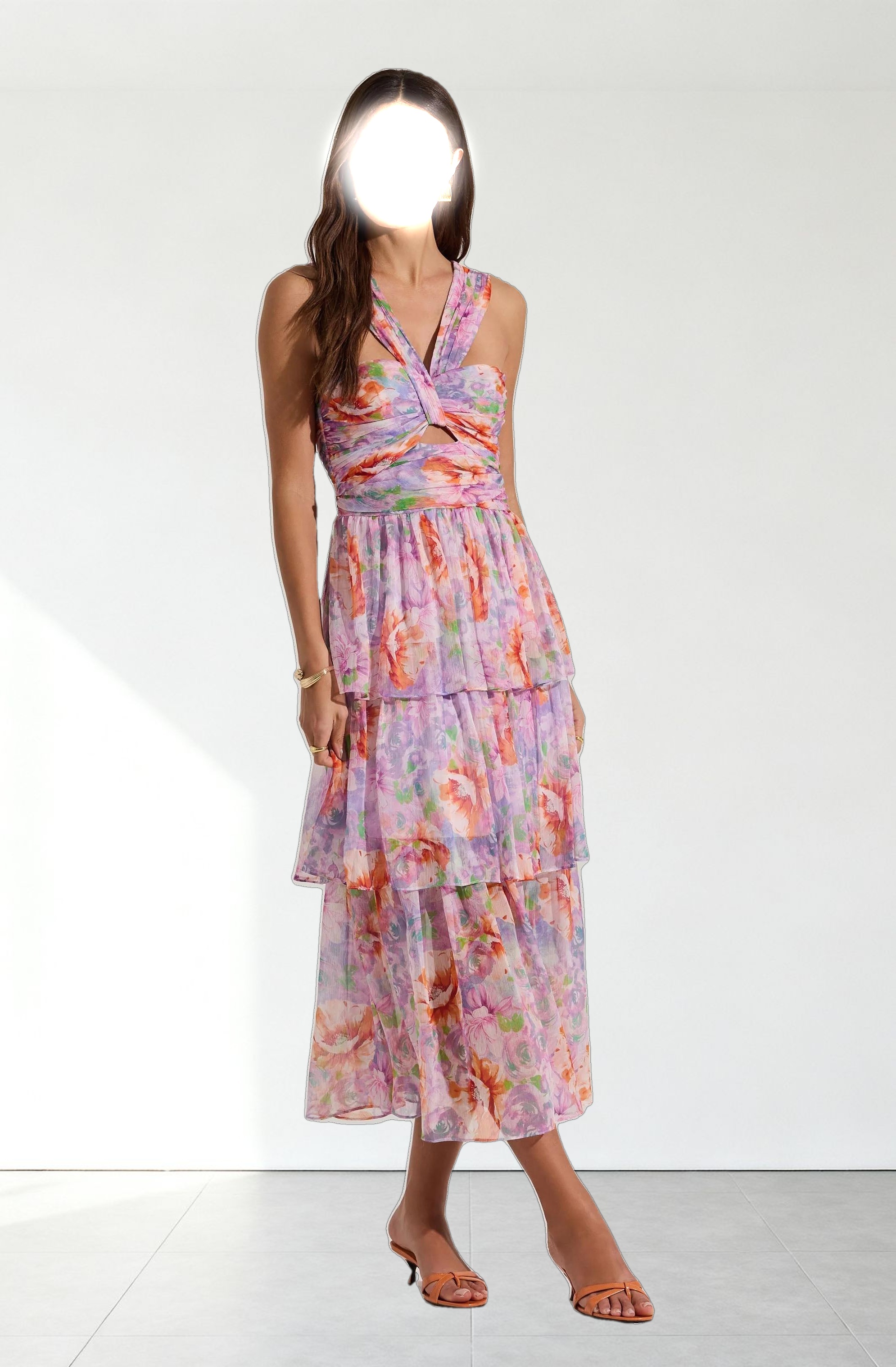 Tiered Floral Cutout Midi Dress