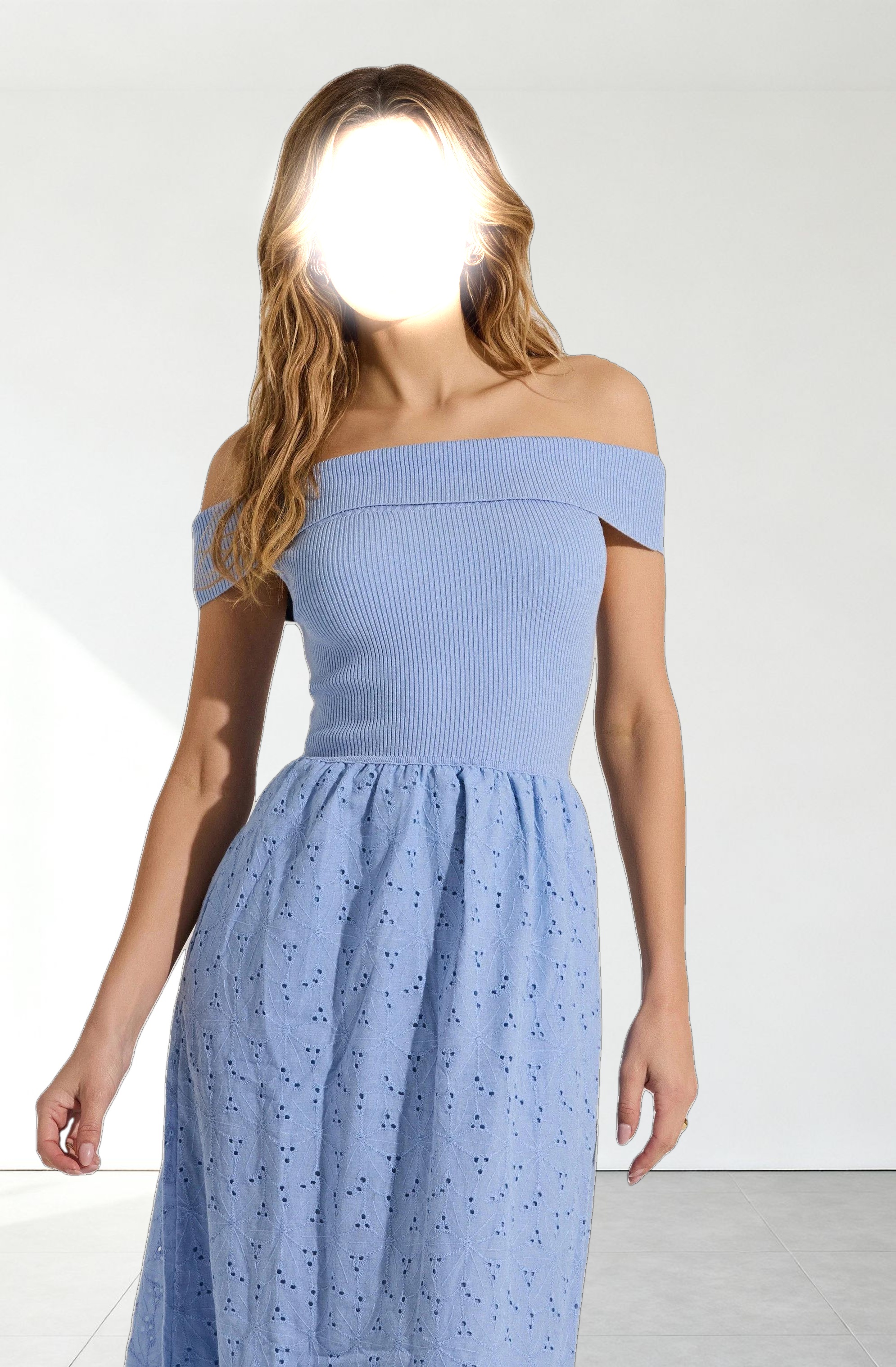 Off Shoulder Eyelet Midi Dress