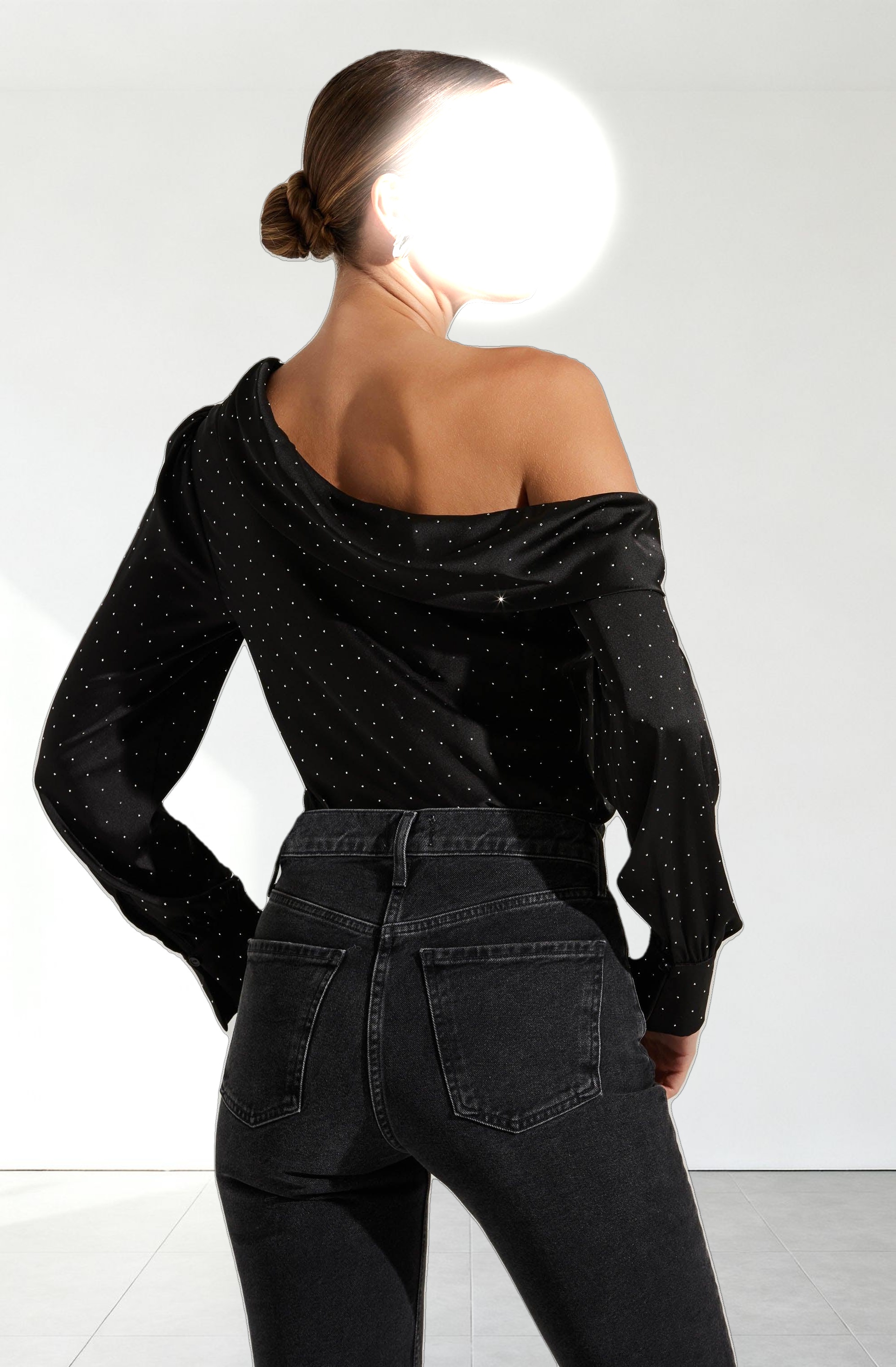 Ellen Satin Rhinestone One Shoulder Top