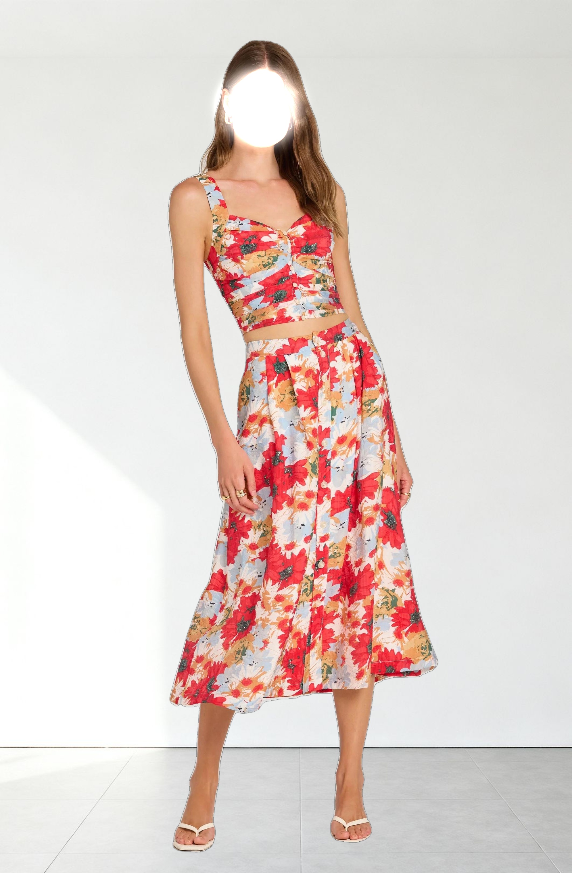 Button Front Pleated Midi Skirt