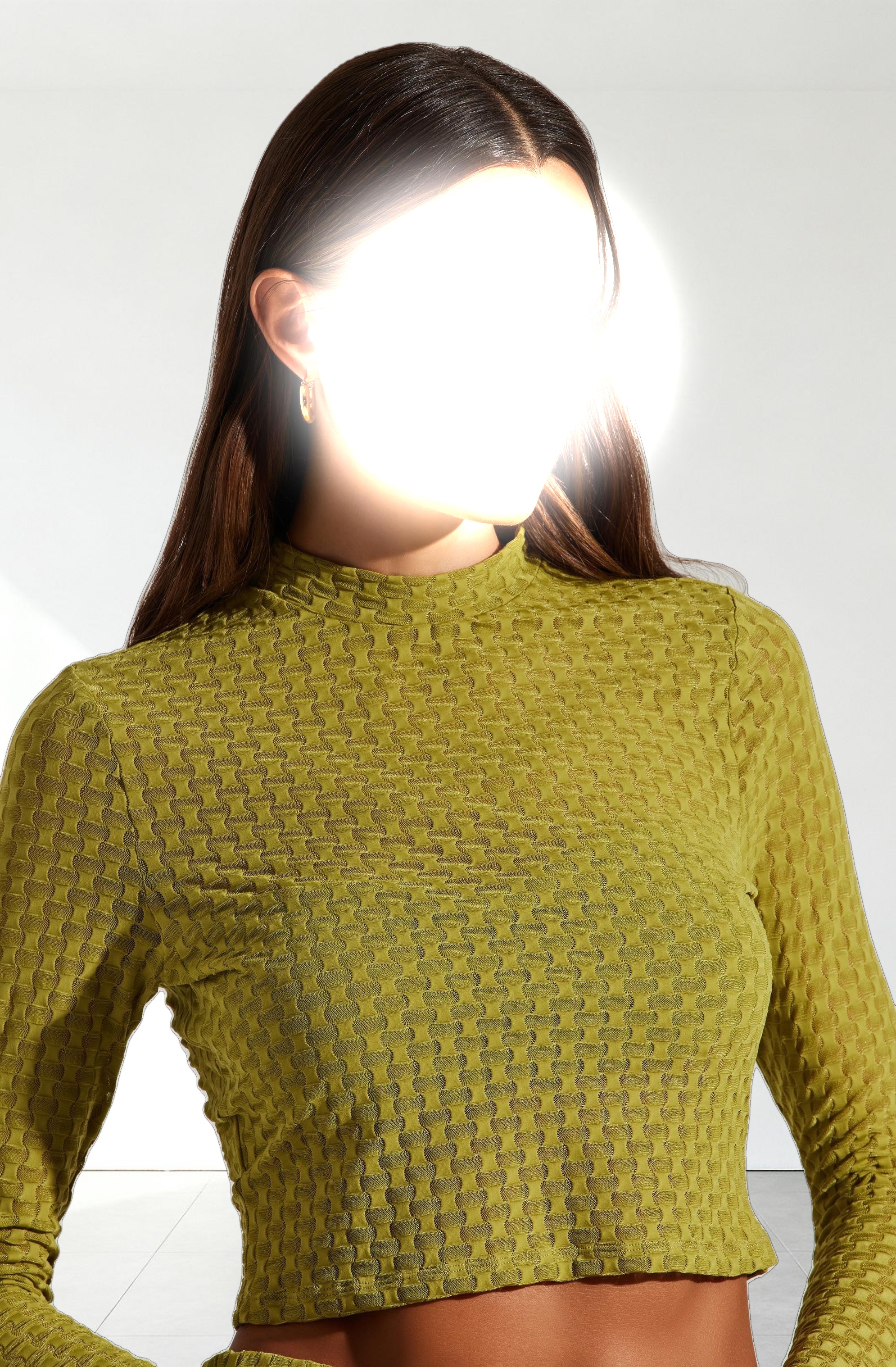 Indah Semi Sheer Mock Neck Long Sleeve Top