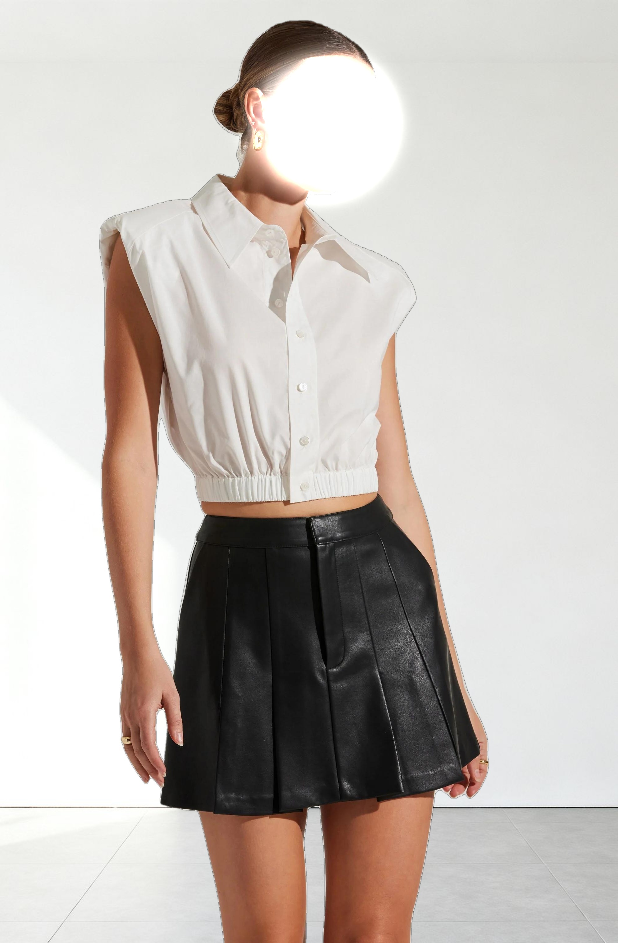 Bysen Padded Shoulder Button-Up Top