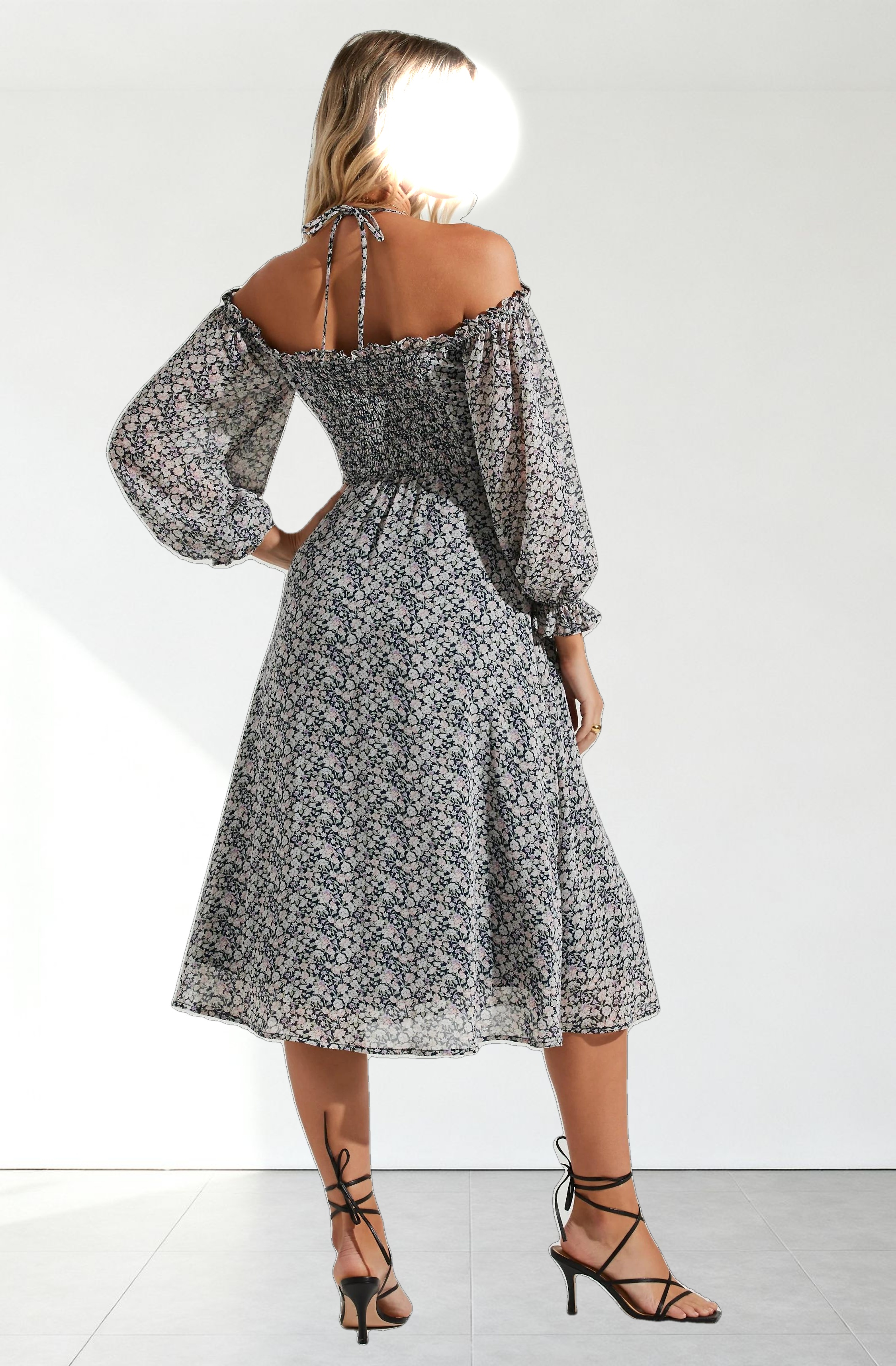 Off Shoulder Long Sleeve Cinched Bust Midi Dress