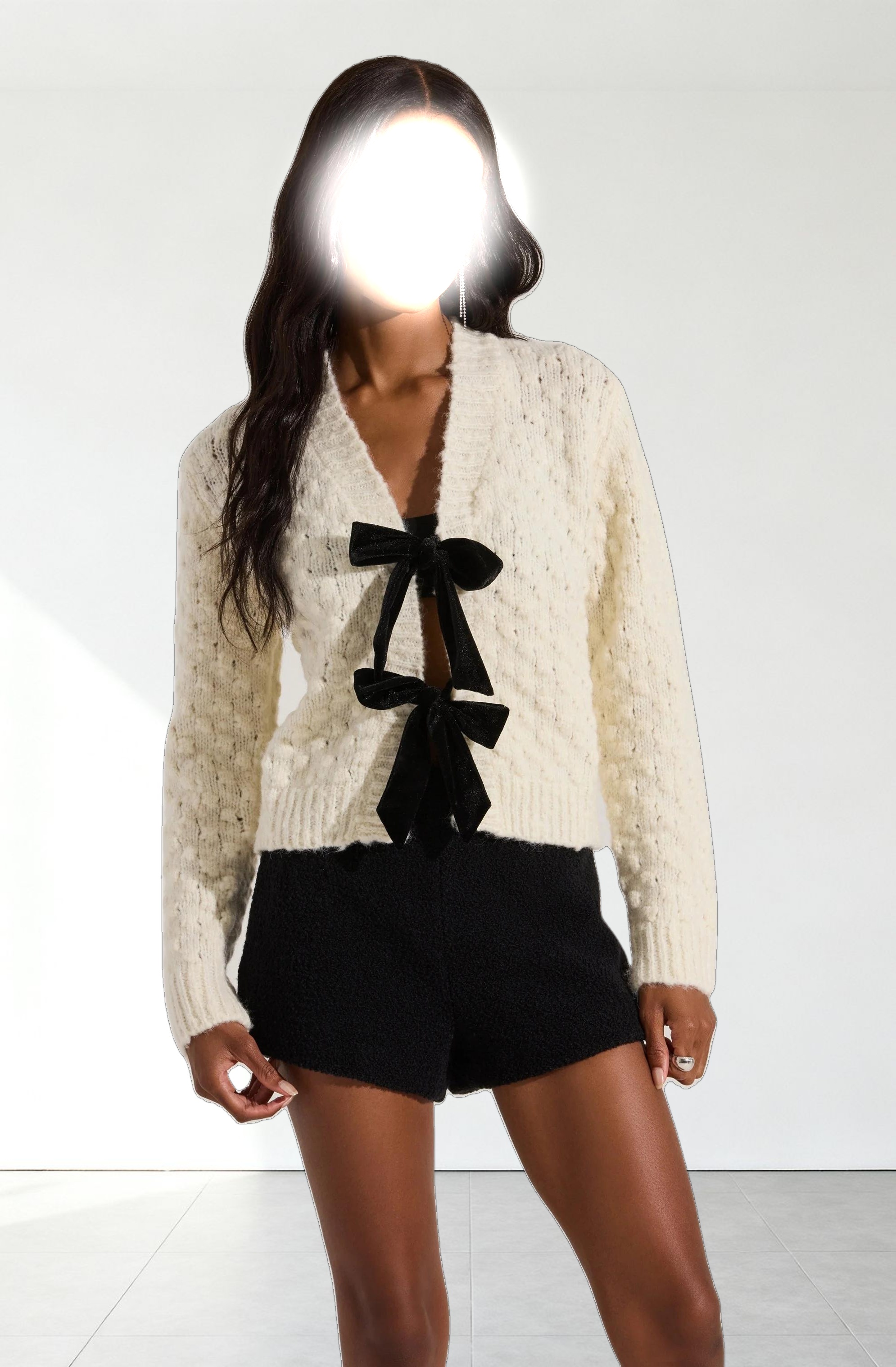 Contrasting Bow Tie Textured Cardigan