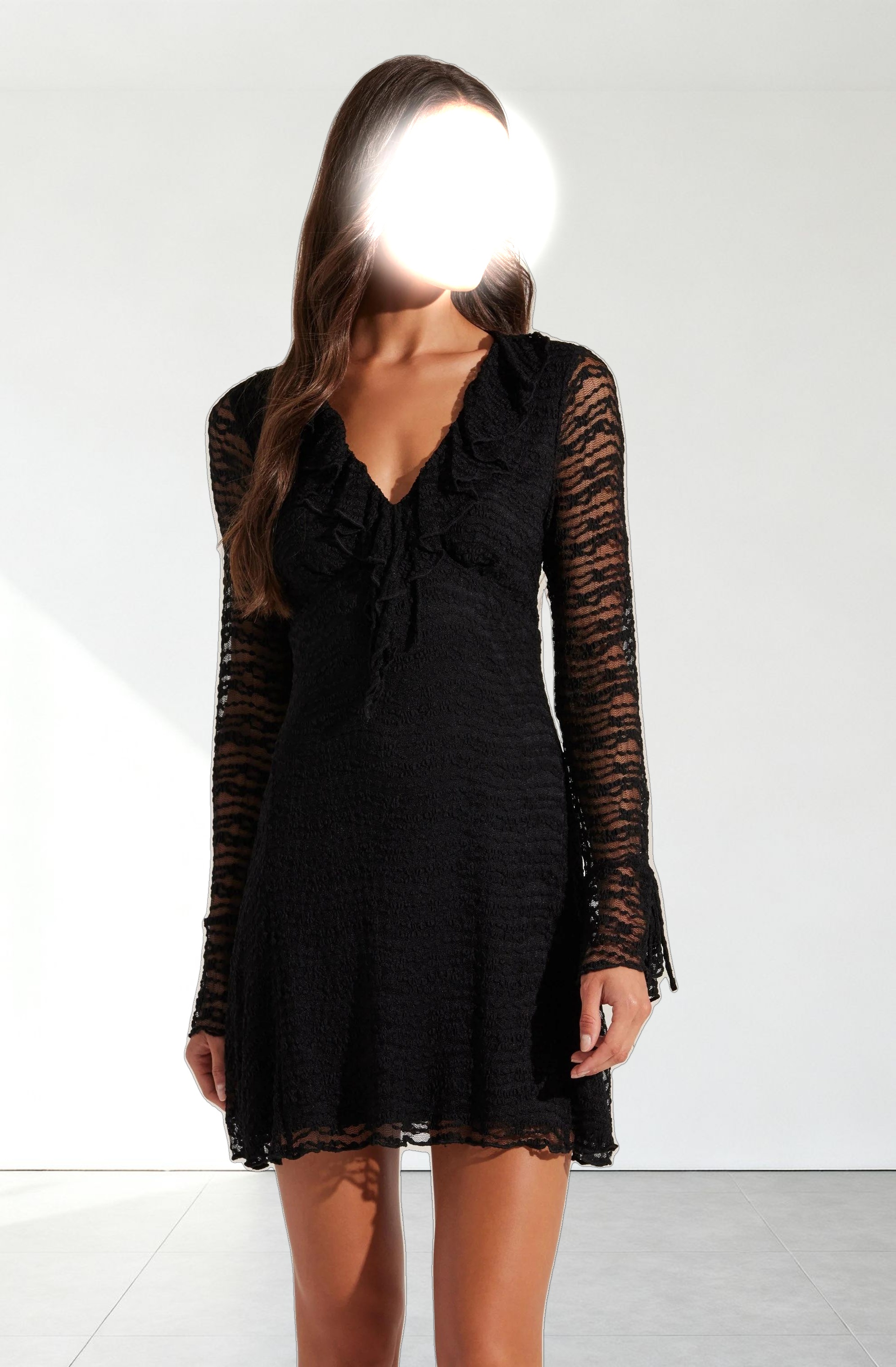 Ruffle V-Neck Lace Mini Dress