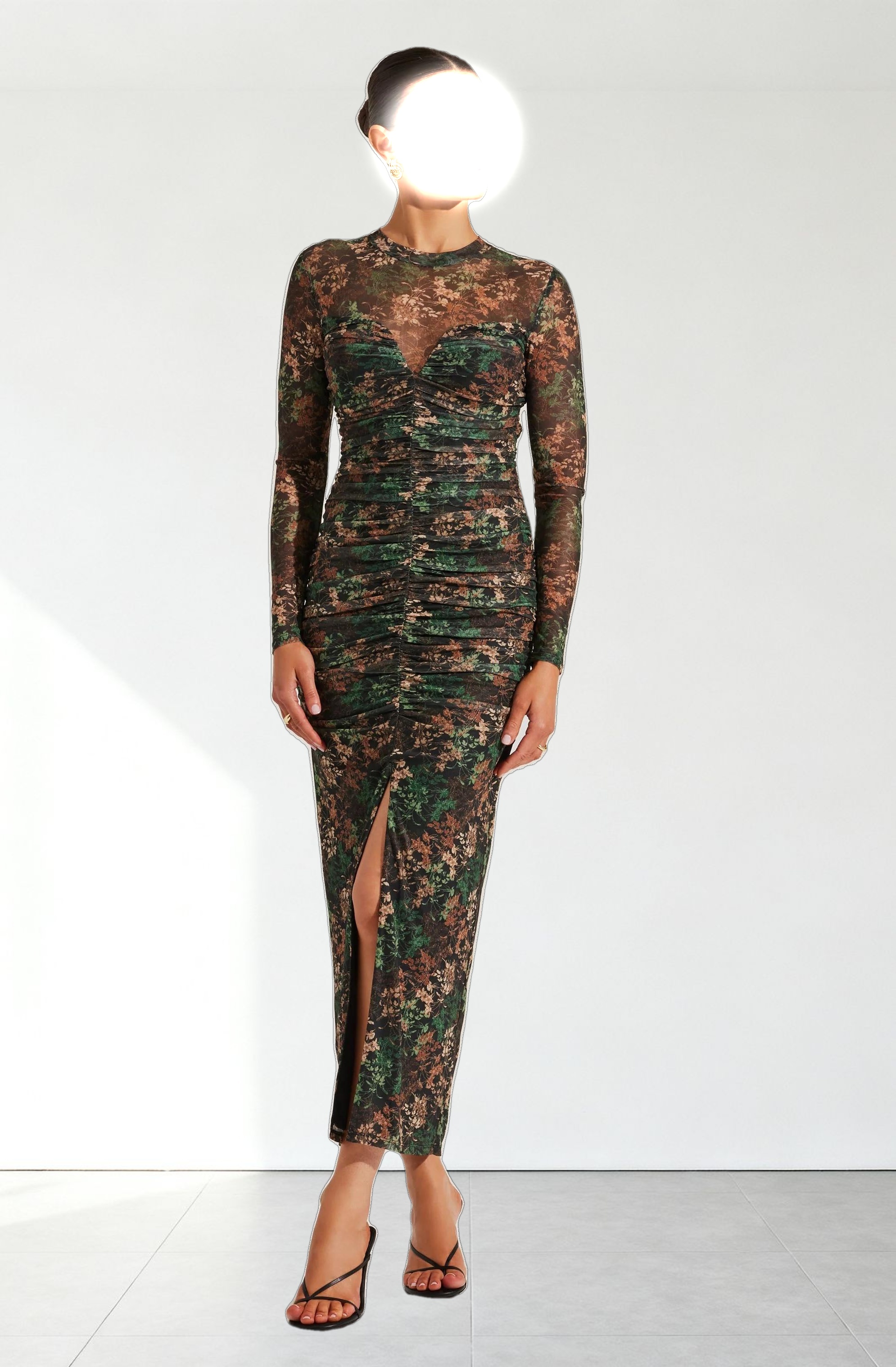 Mesh Sweetheart Ruched Maxi Dress