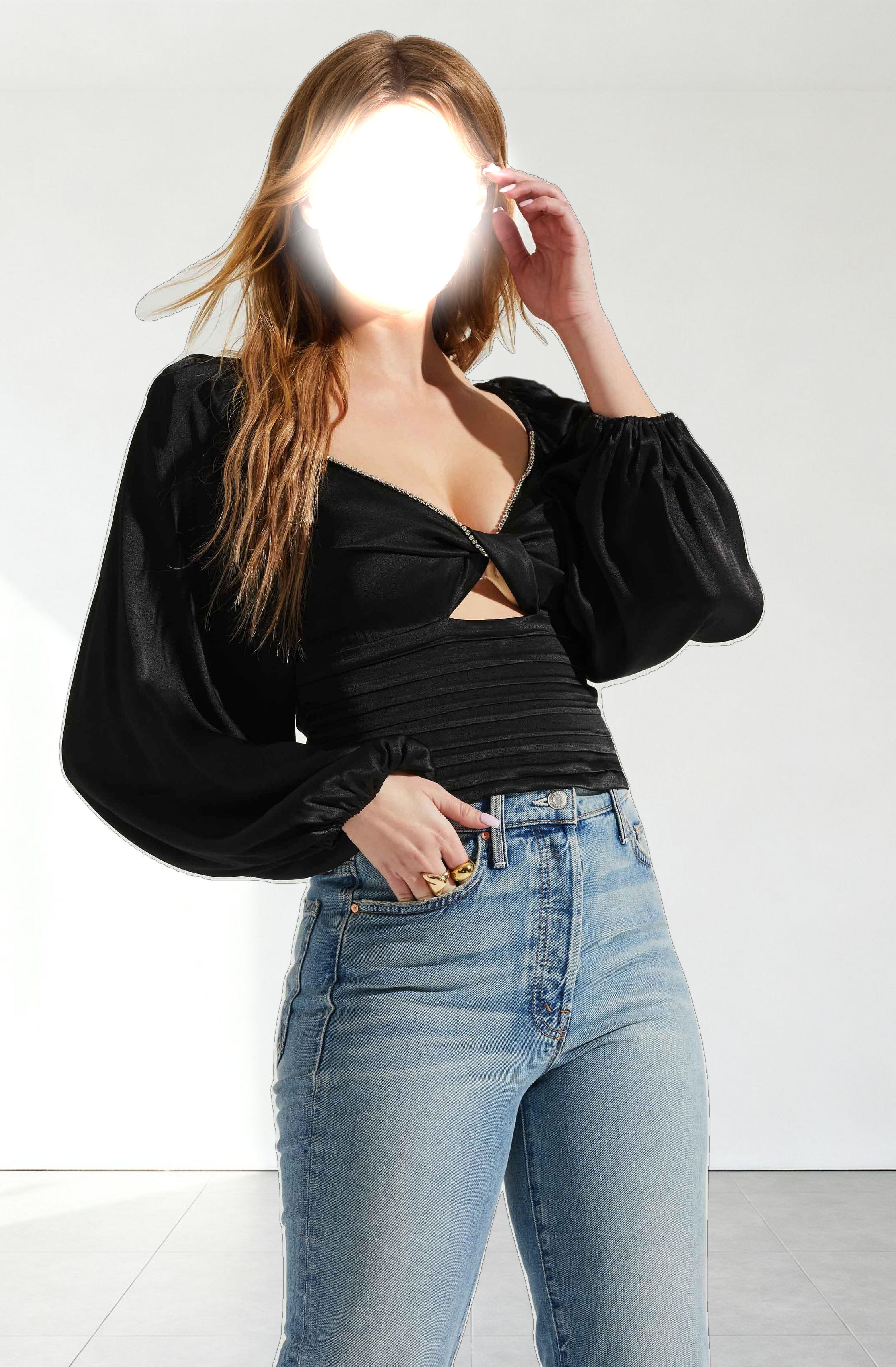 Yamuna Rhinestone Trim Long Sleeve Top