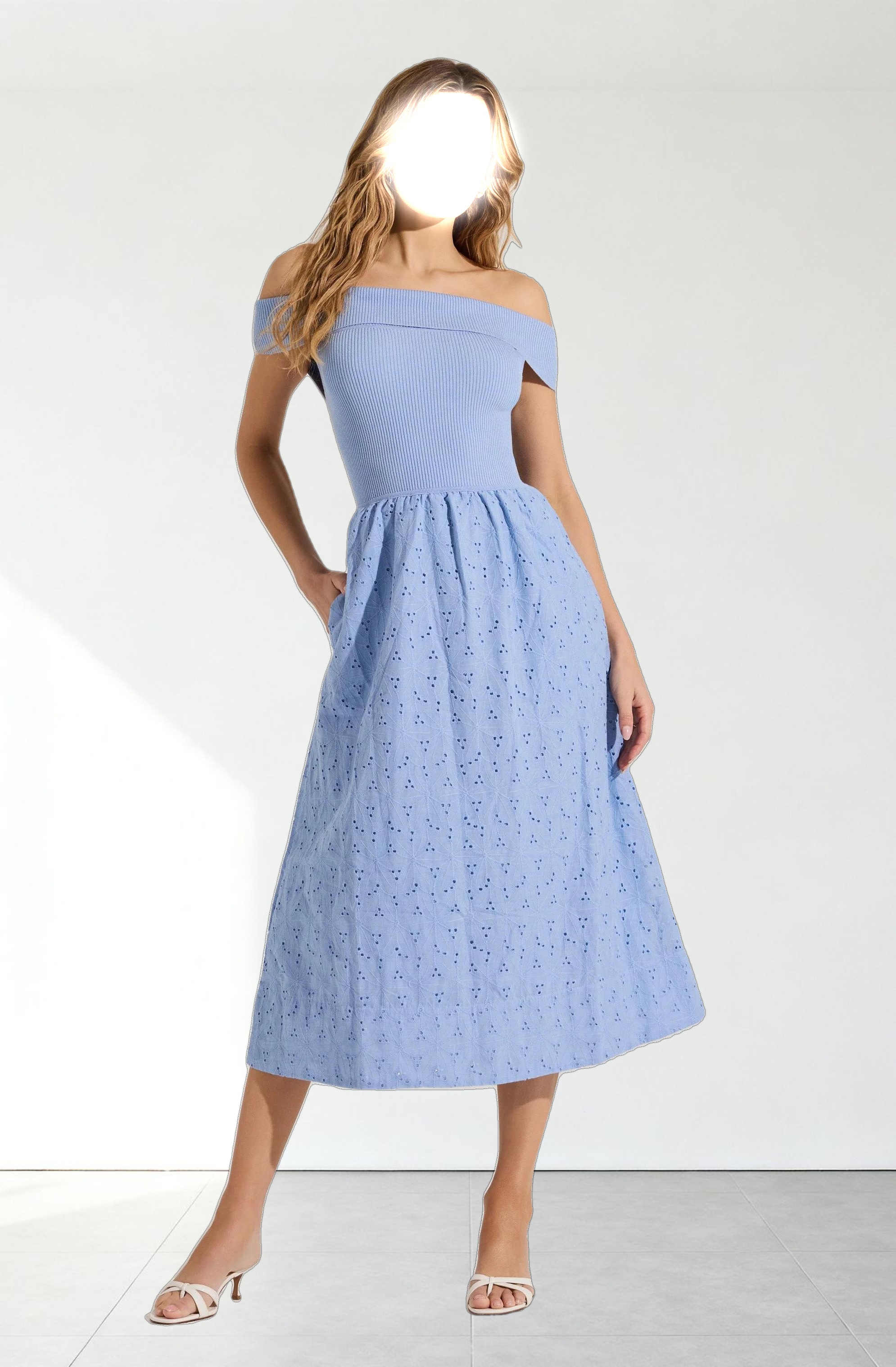 Off Shoulder Eyelet Midi Dress