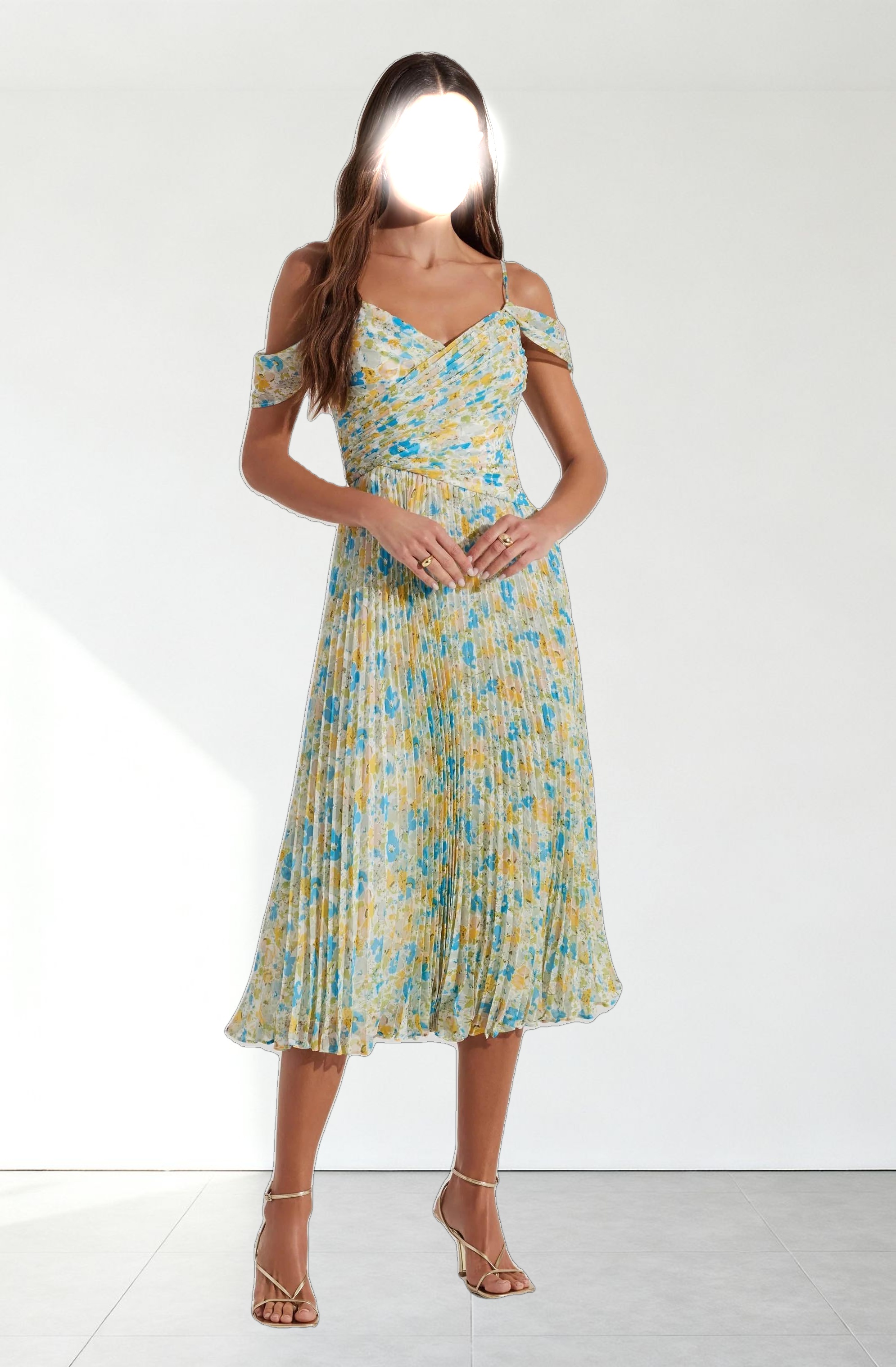 Pleated Cold Shoulder Midi Dress