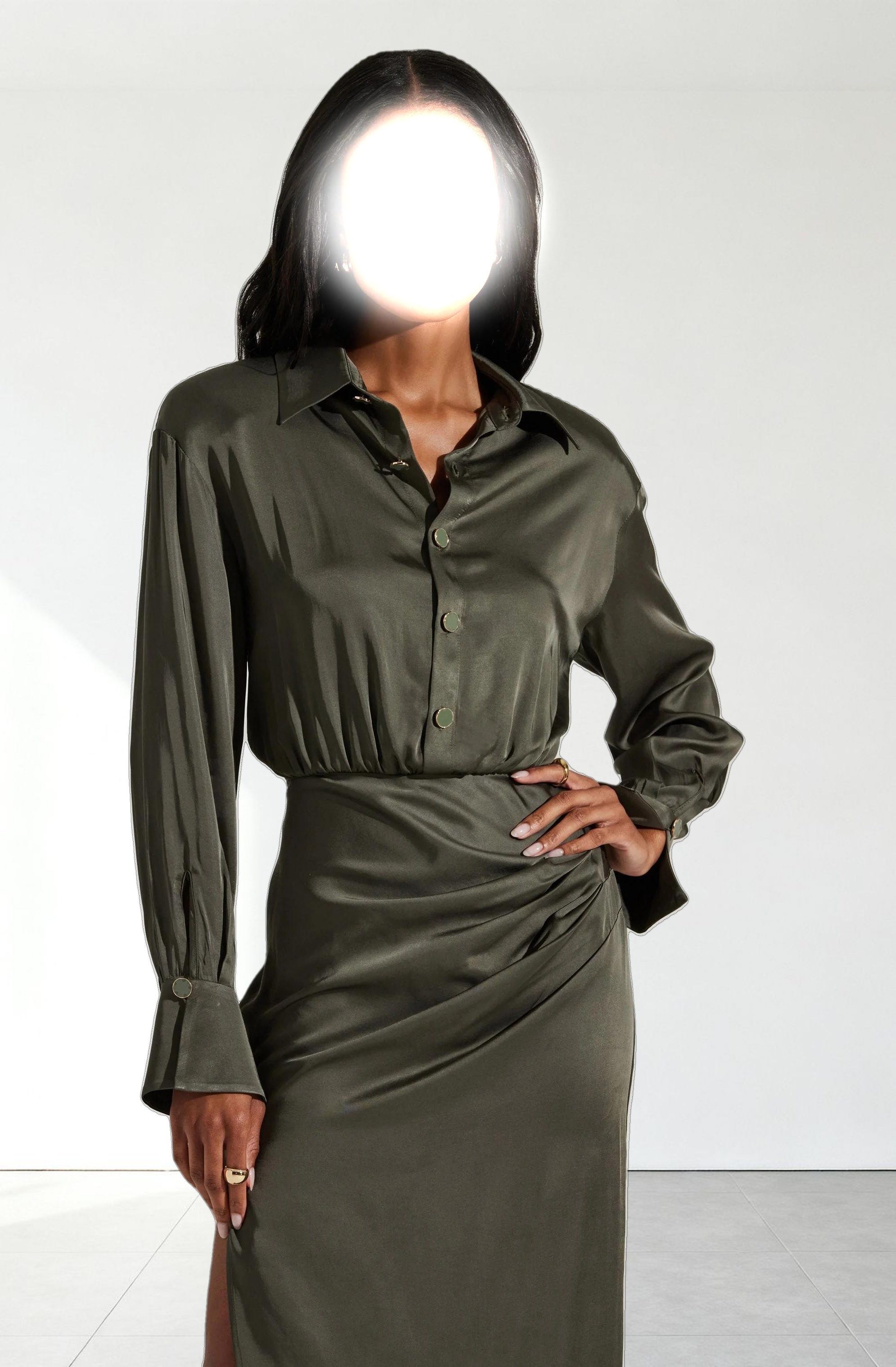 Elizabello Satin Midi Shirt Dress
