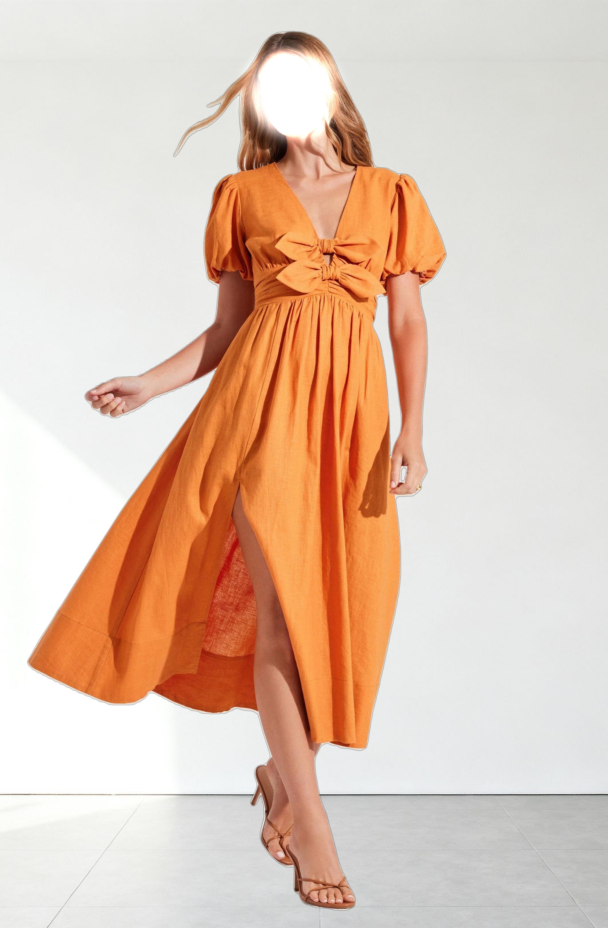 Citrine Linen Bow Front Midi Dress