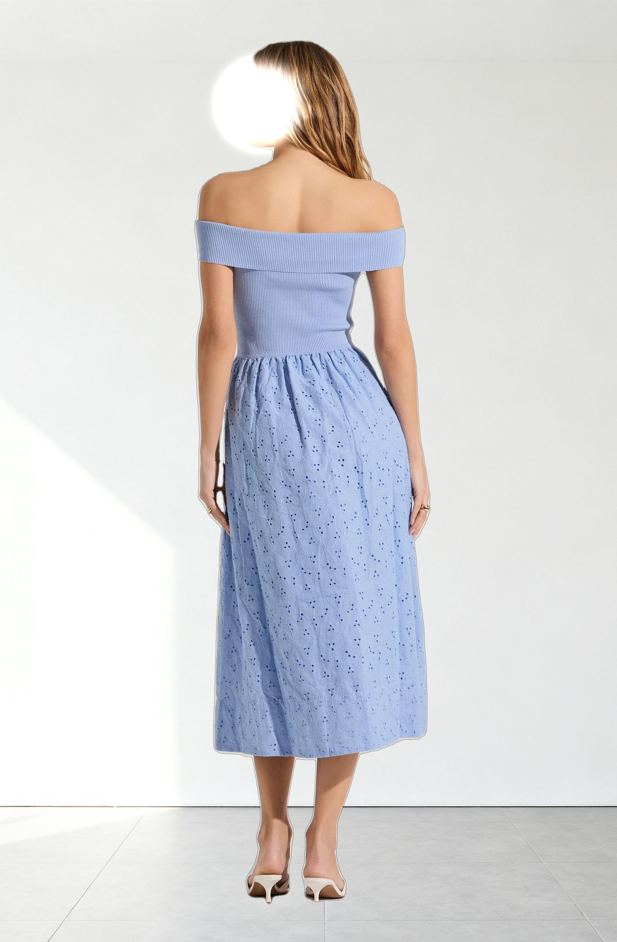 Off Shoulder Eyelet Midi Dress