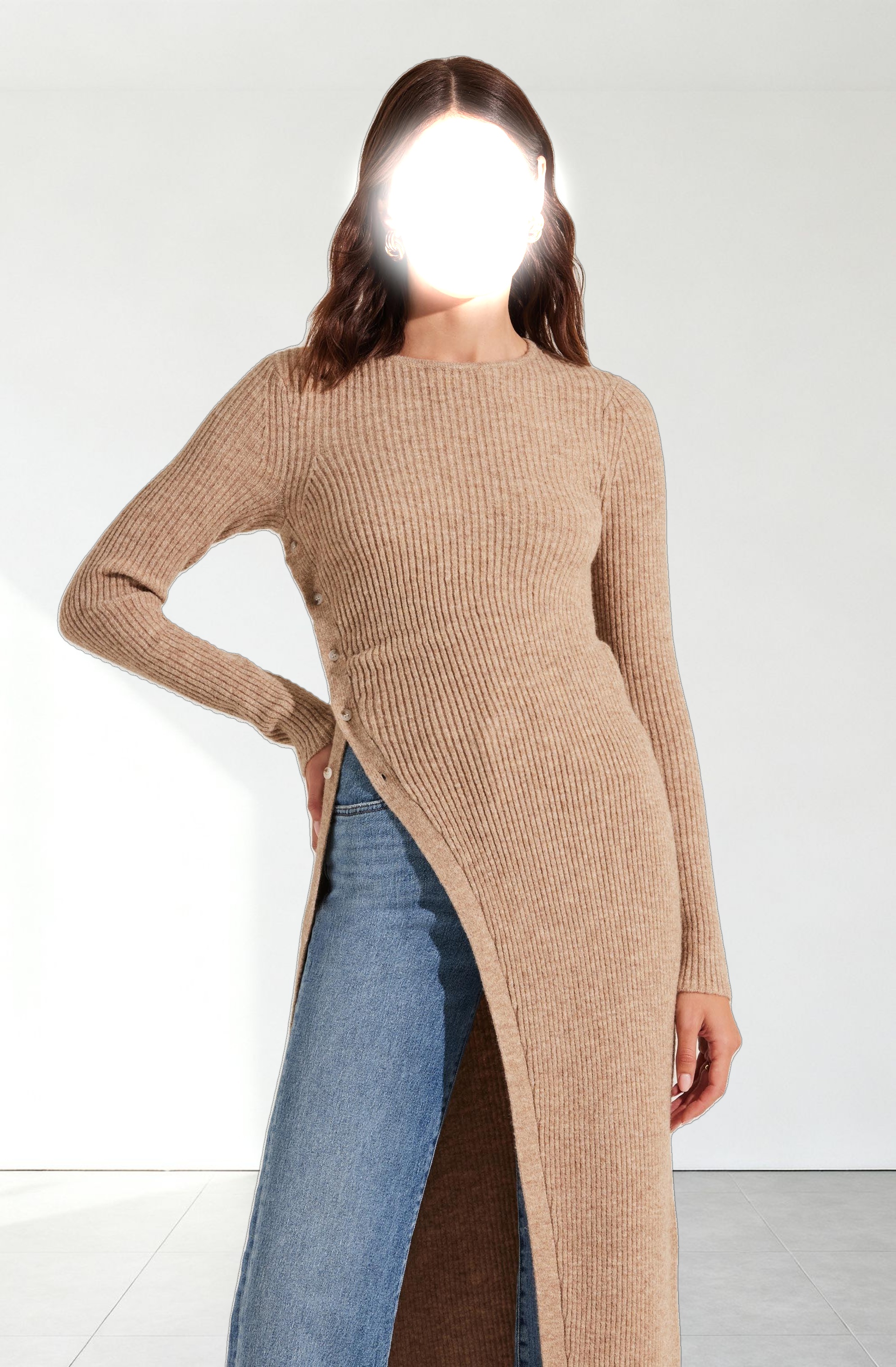 Ribbed Hi Slit Button Sweater