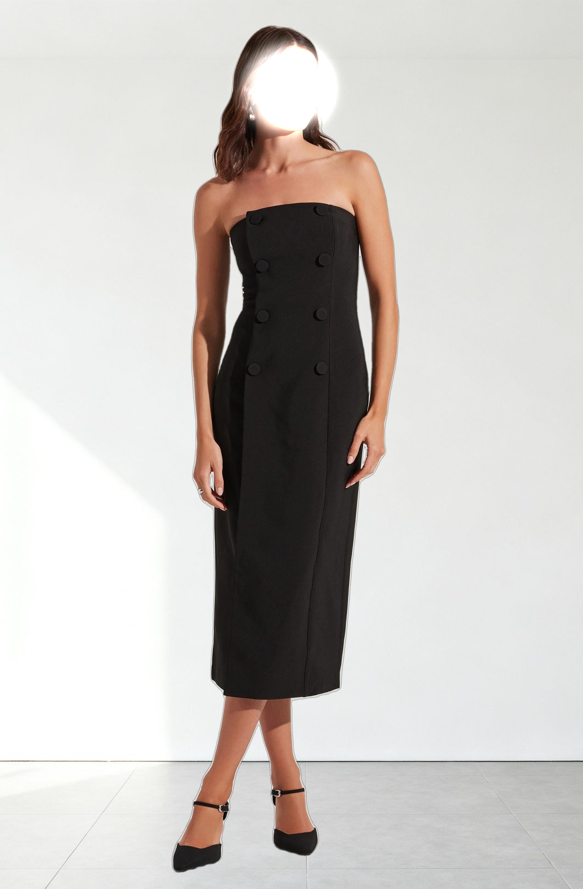 Strapless Double-Breasted Midi Dress