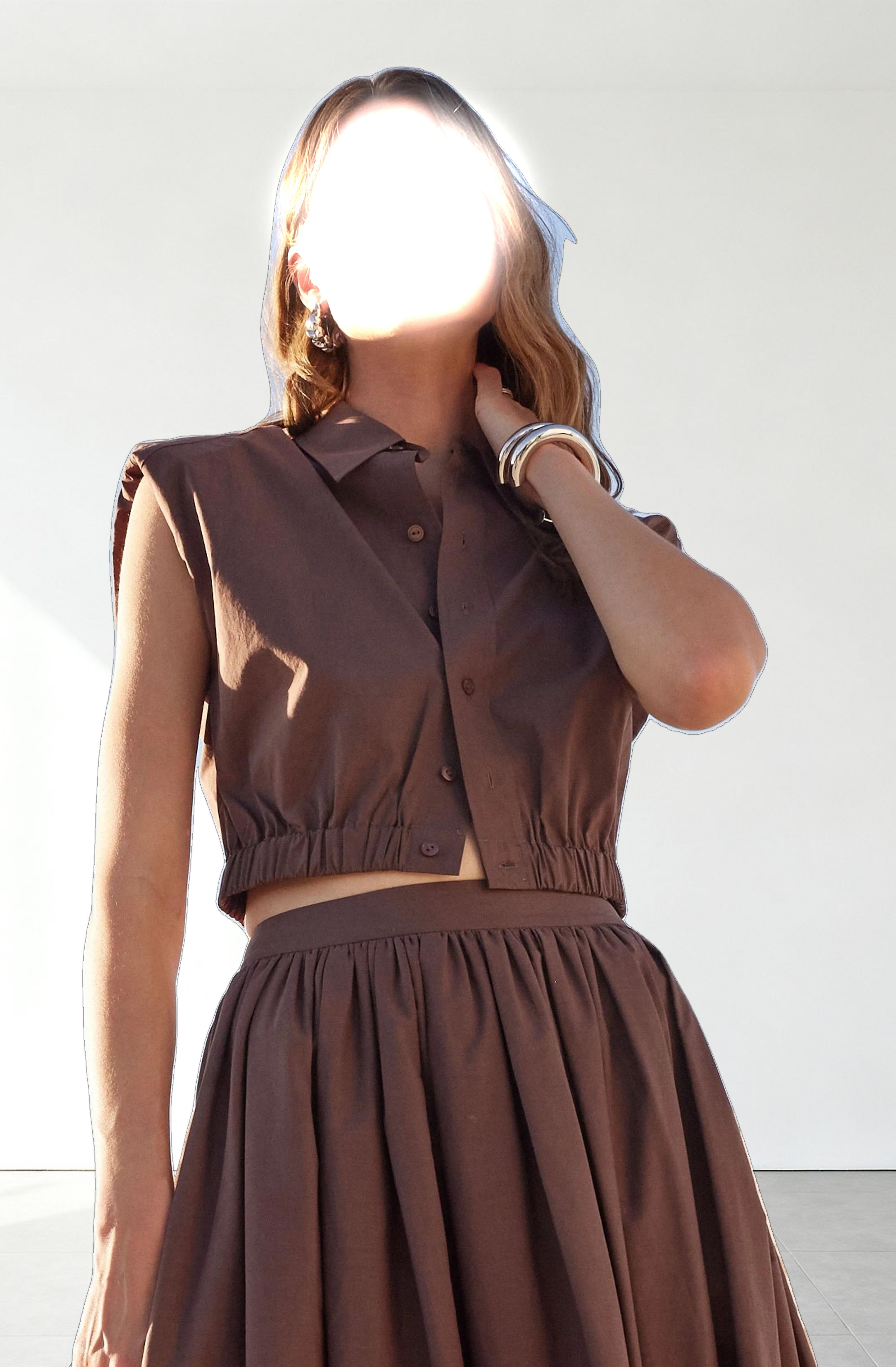 Bysen Padded Shoulder Button-Up Top