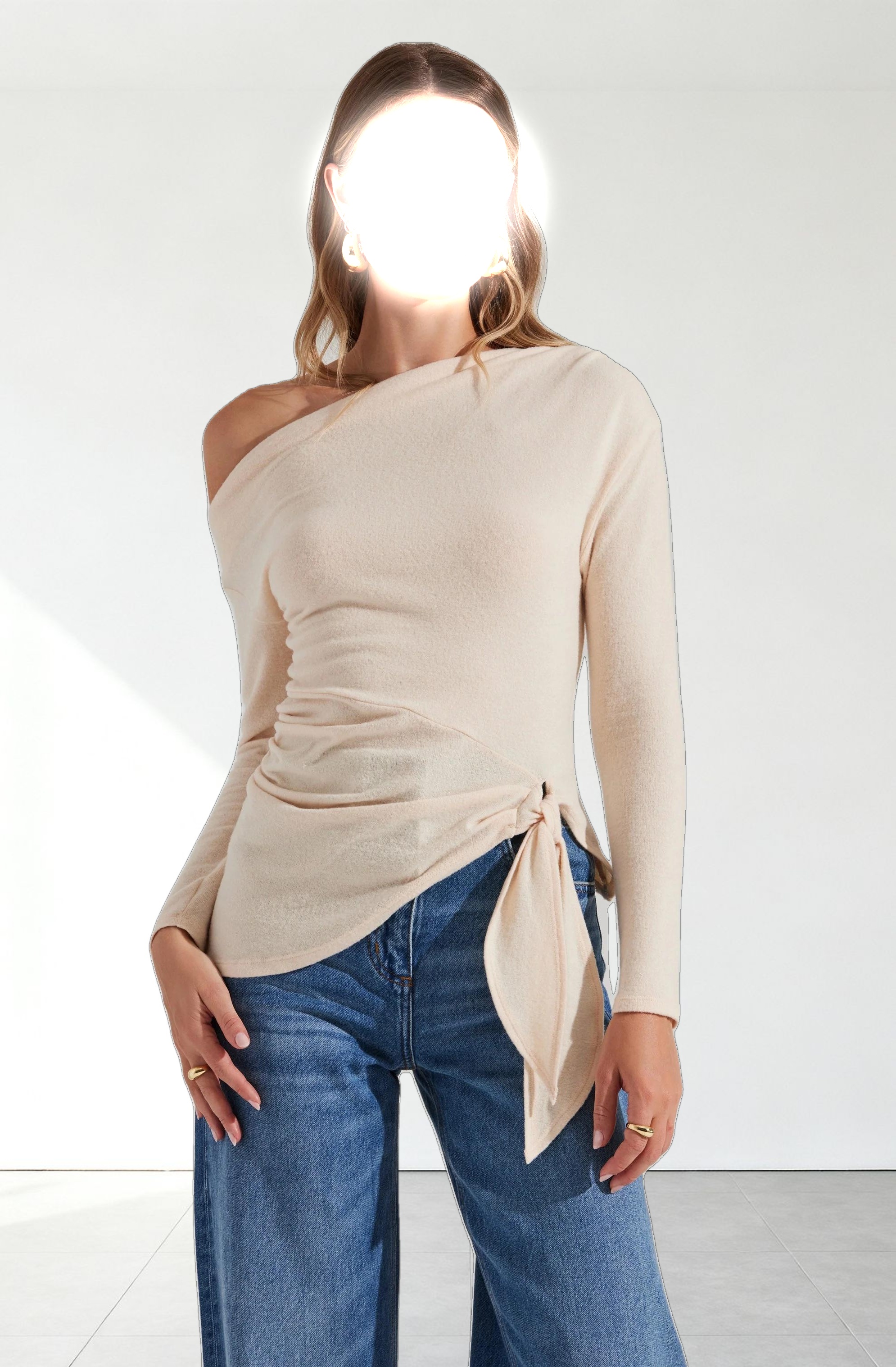 Asymmetrical Off Shoulder Tie Knit Top
