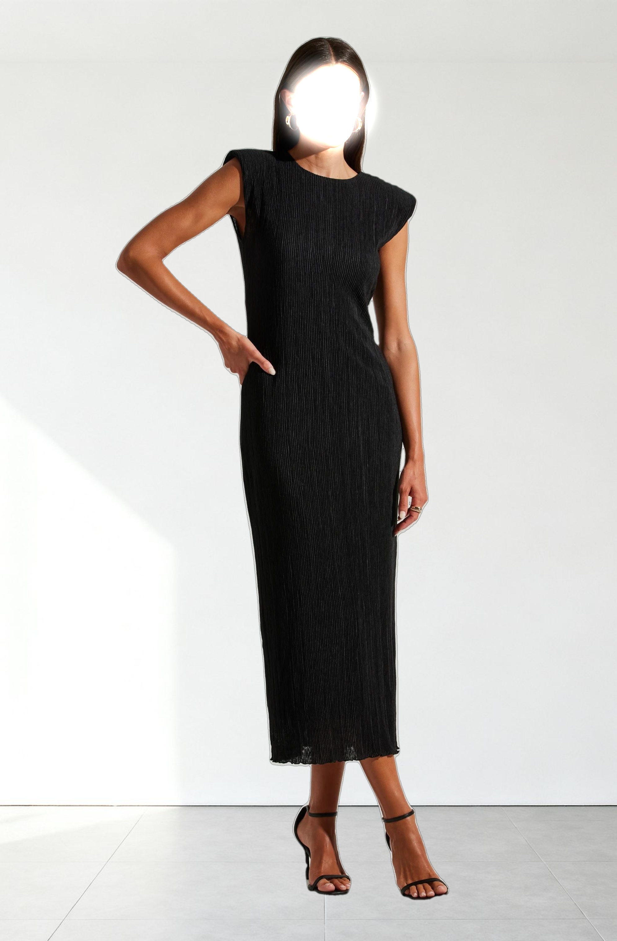 Plisse Straight Neck Midi Dress