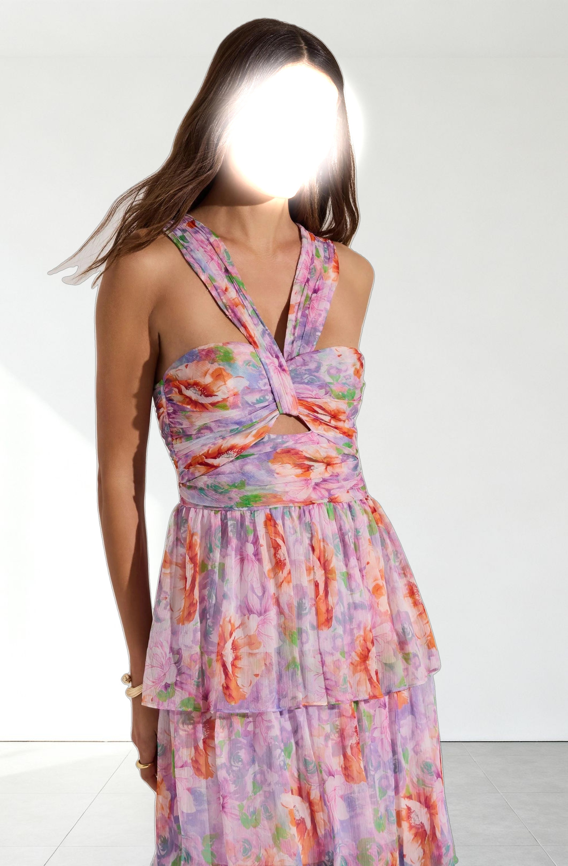 Tiered Floral Cutout Midi Dress