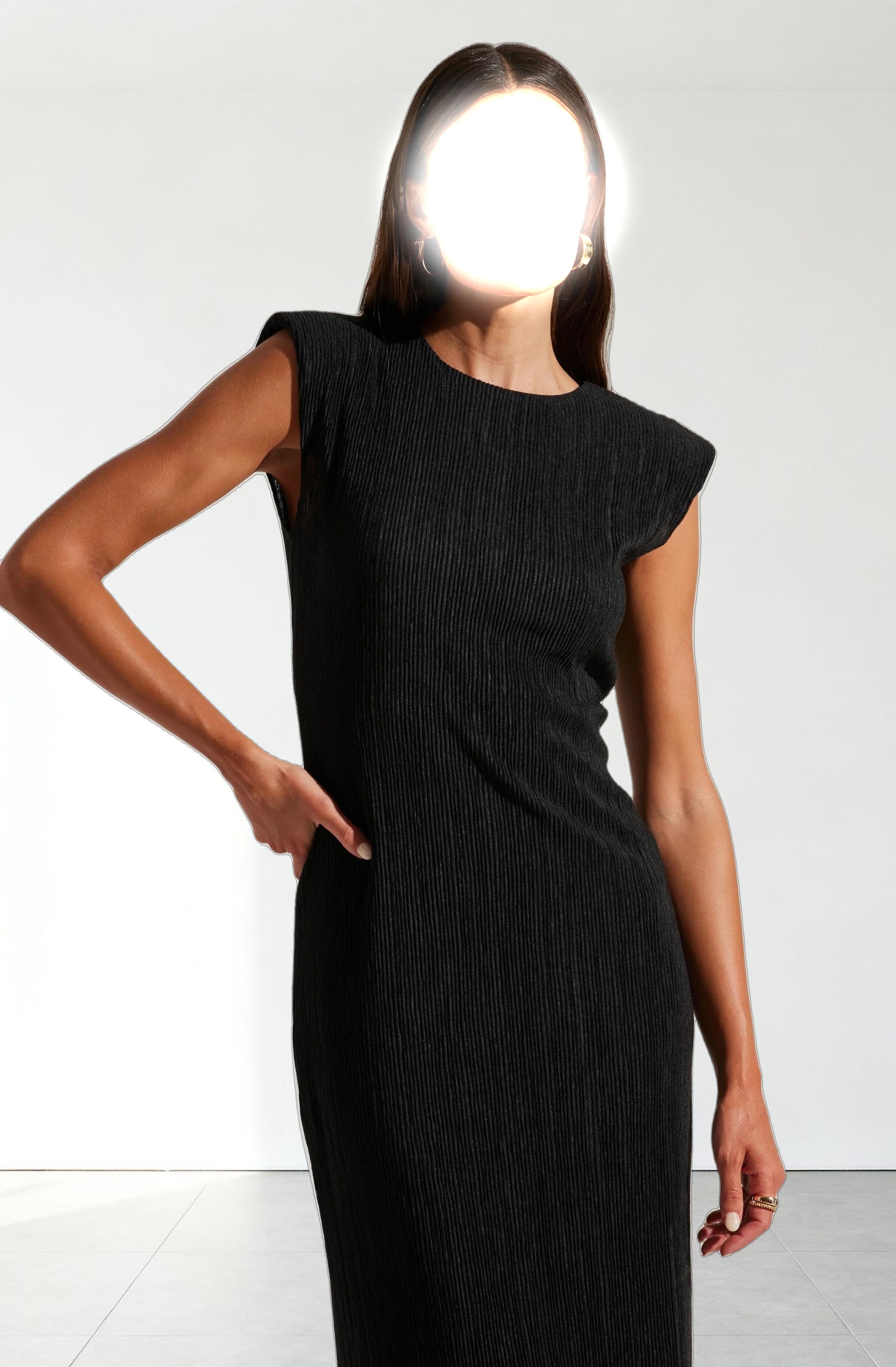 Plisse Straight Neck Midi Dress